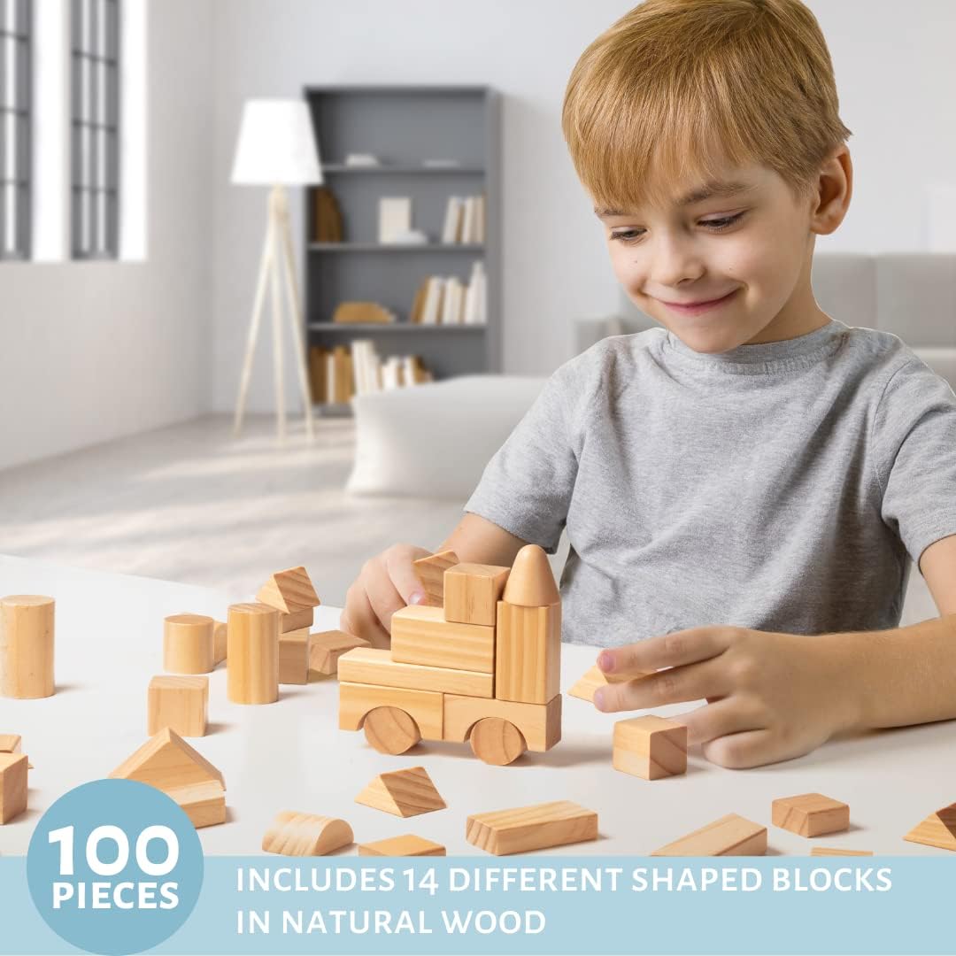 Wooden Blocks Set - 100 Pc Natural Colored Wood Building Block Toys- 100% Real Wood, 14 Different Shapes, Great Gift for Kids or School Project, Hands On Indoor Activity Play- Build, Stack and Create
