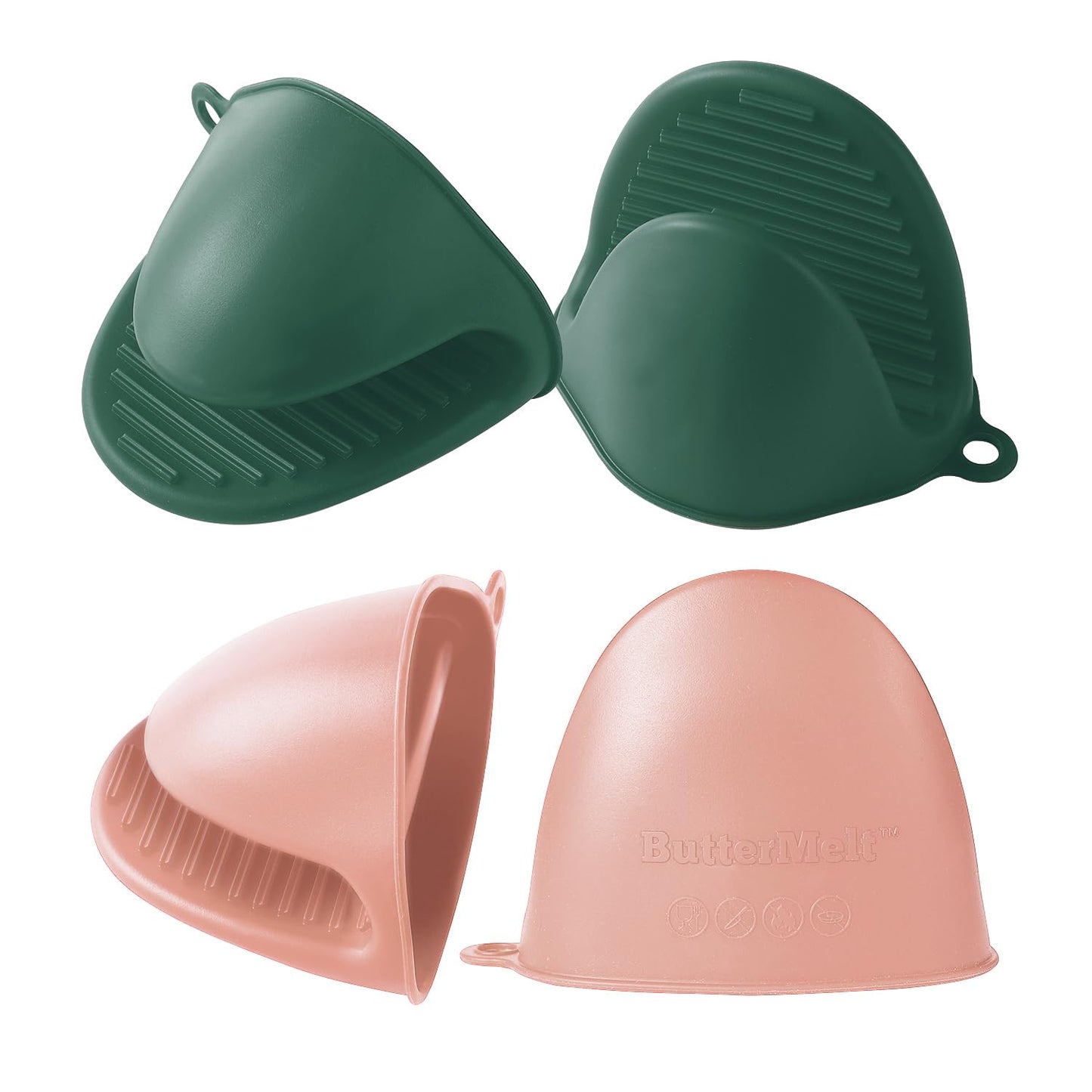 ButterMelt 4PCS Oven Mitts, Silicone Pot Holders Heat Resistant, Mini Oven Gloves for Kitchen, Thickened Silicone Hot Pads for Cooking & Baking(2Pink2Green)