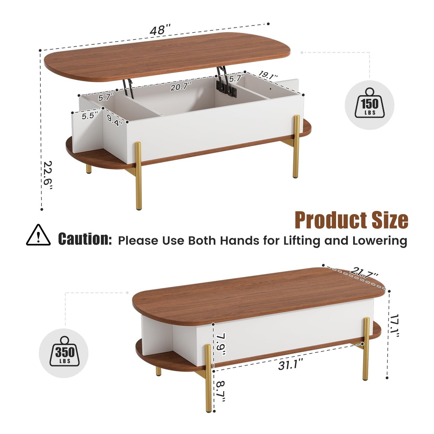 ALLSTAND 48" Oval Lift Top Coffee Table with Storage Metal Legs & Large Hidden Compartment, Coffee Tables with Lifting Top with Open Shelf, Lift Coffee Table with Wooden Lift Tabletop for Living Room