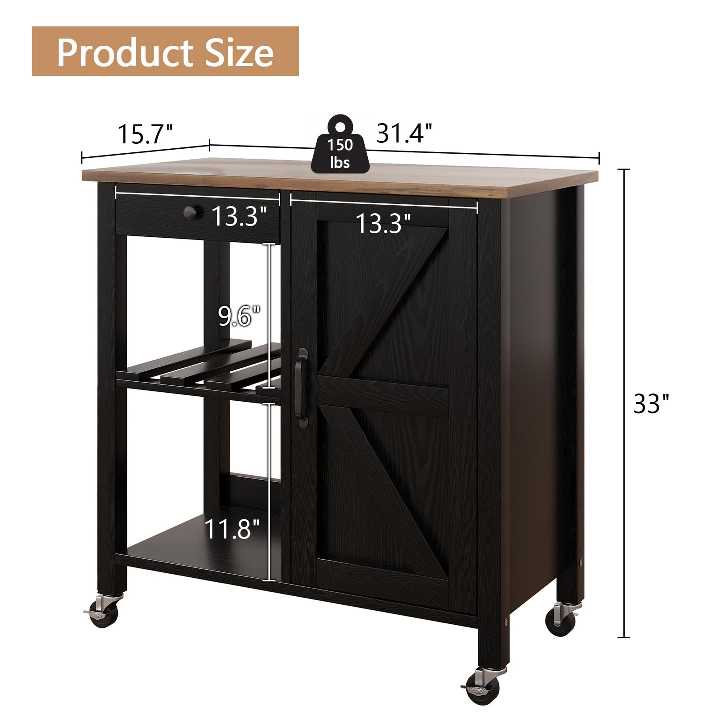 4 EVER WINNER Black Kitchen Island Cart with Storage, Farmhouse Rolling Portable Bar cart with Wine Rack,Small Islands Cart on Wheels for Kitchen