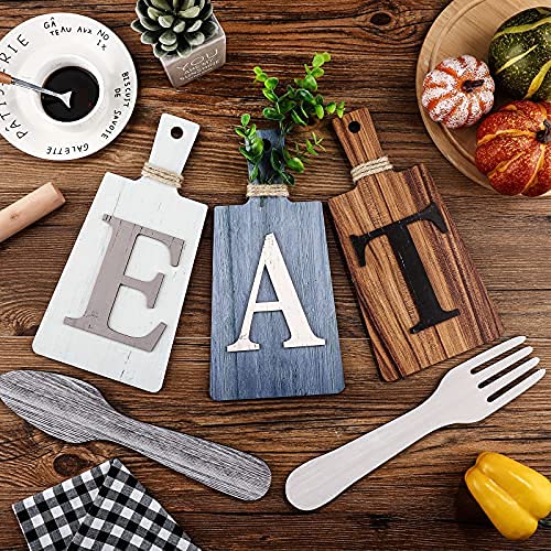 Jetec Cutting Board Eat Sign Set Hanging Art Kitchen Eat Sign Fork and Spoon Wall Decor Rustic Primitive Country Farmhouse Kitchen Decor for Home Decoration(Gray, White, Brown)