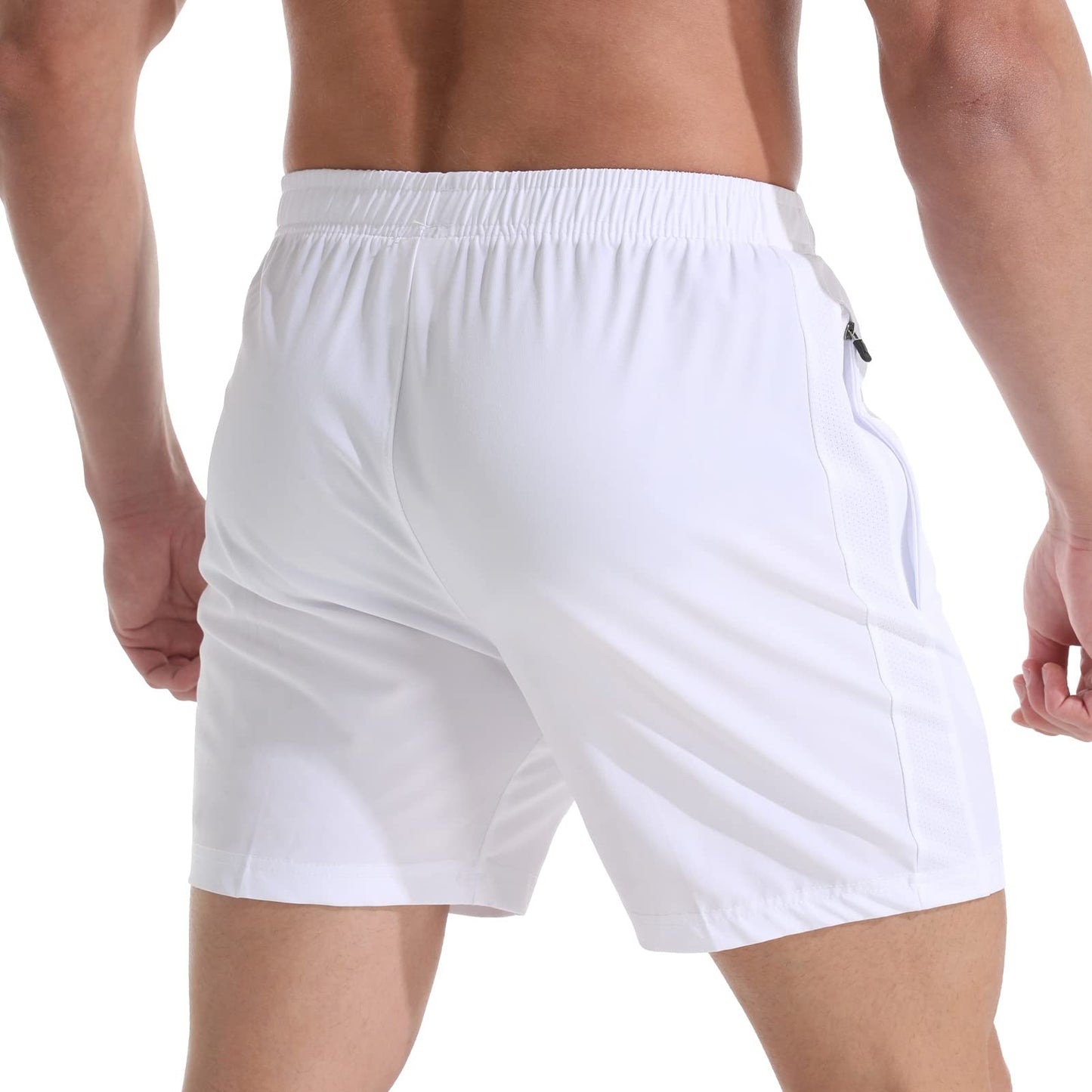 VPOS Gym Shorts for Men 5 Inch - Lightweight Mens Athletic Shorts Quick Dry Workout Running Shorts with Zipper Pockets (White, Large)