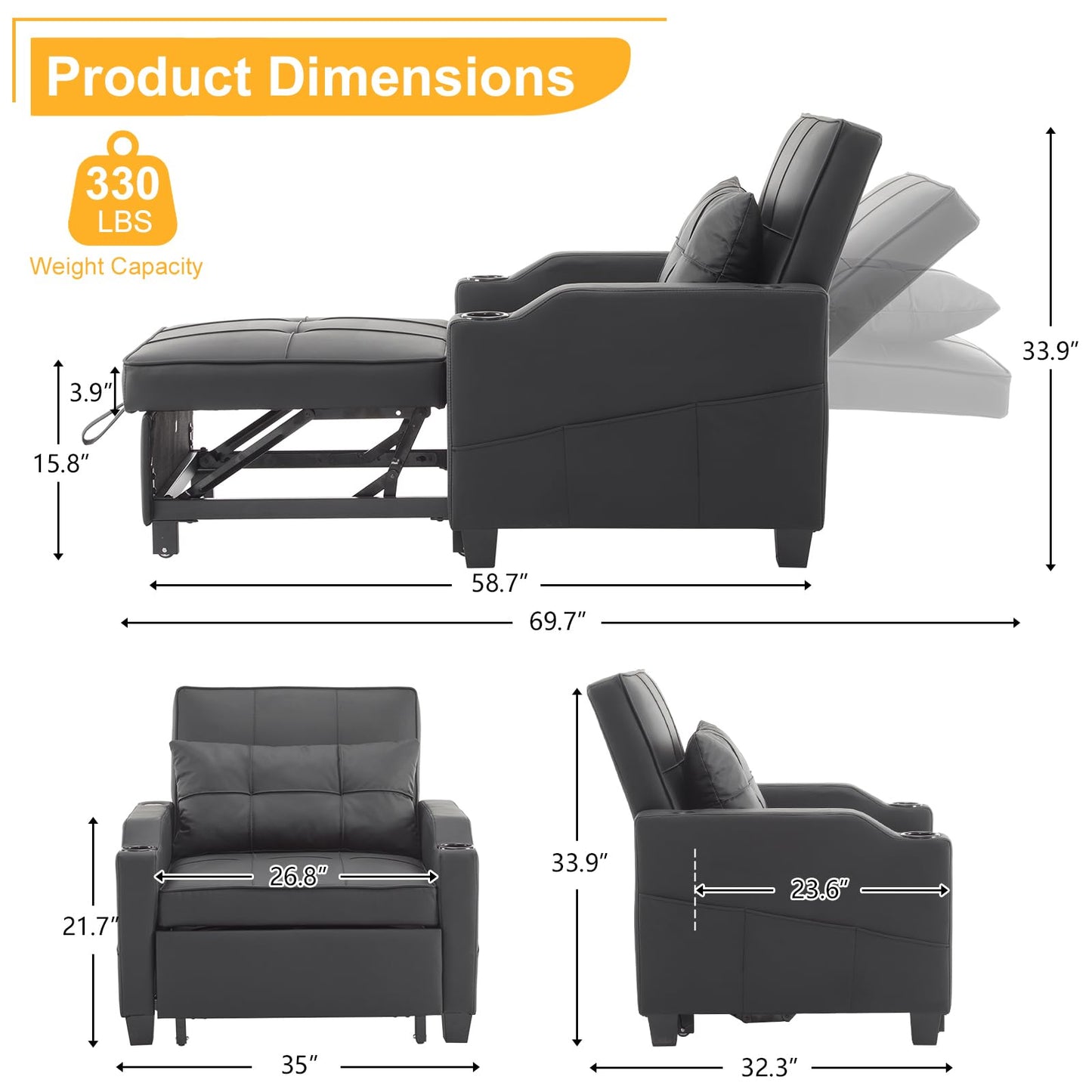Karl home Sleeper Chair Convertible Sofa Bed with USB/Type C Ports 3-in-1 Pull Out Sofa Bed Adjustable Reading Chair with Cup Holders, PU Leather Black