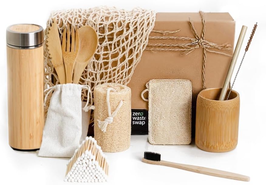 Zero Waste Starter Kit | Sustainable Gifts | Bamboo Stainless Steel Thermos | Mesh Bag | Eco-Friendly Gift Set | Reusable & Biodegradable Environmental Home Kitchen Products | Low Waste Packaging