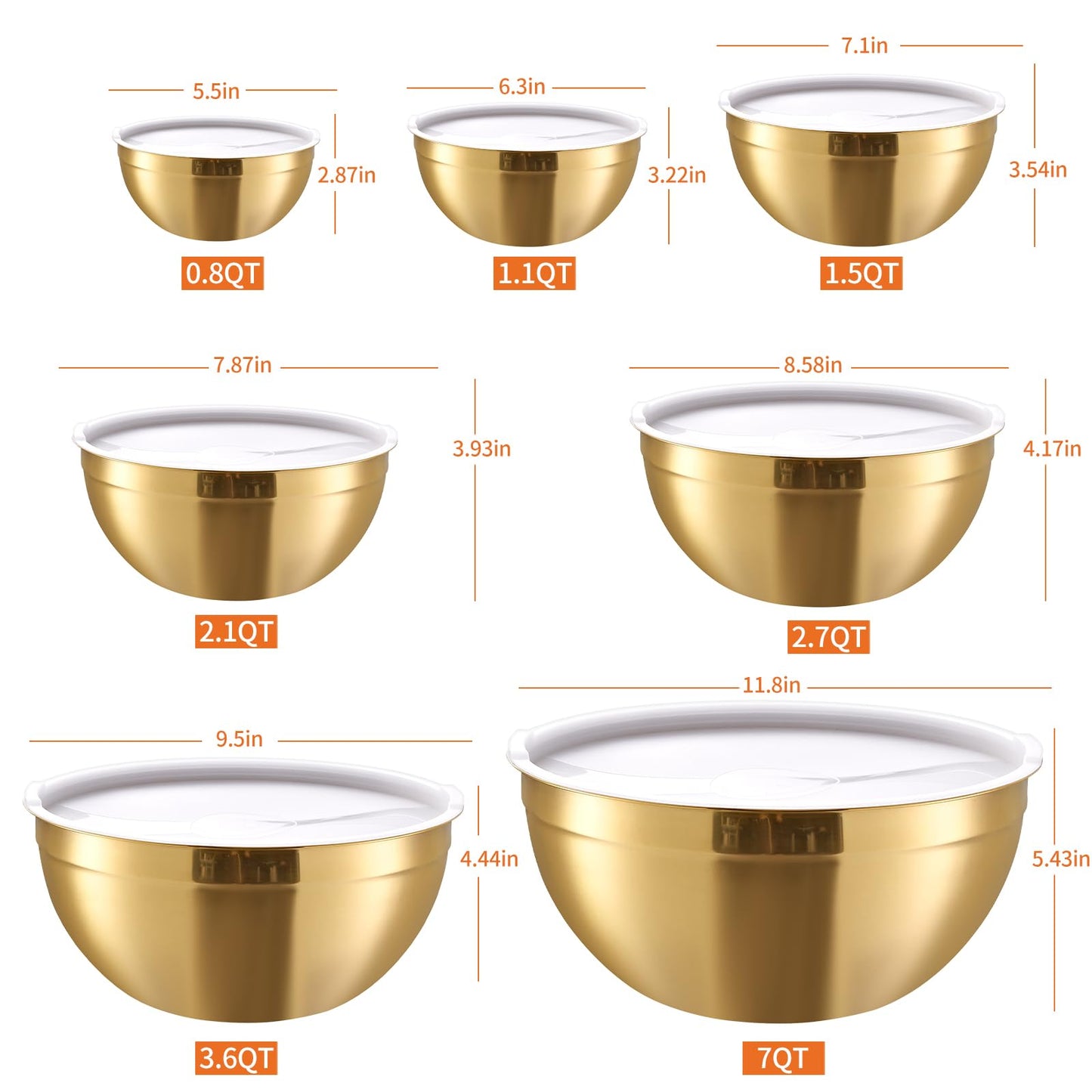 Moxinox Gold Mixing Bowls with Airtight Lids, Stainless Steel Nesting Mixing Bowls Set of 7, Ideal for Baking, Prepping and Serving Food, Size 7, 3.6, 2.7, 2.1, 1.5, 1.1,0.8 QT, Stackable Design