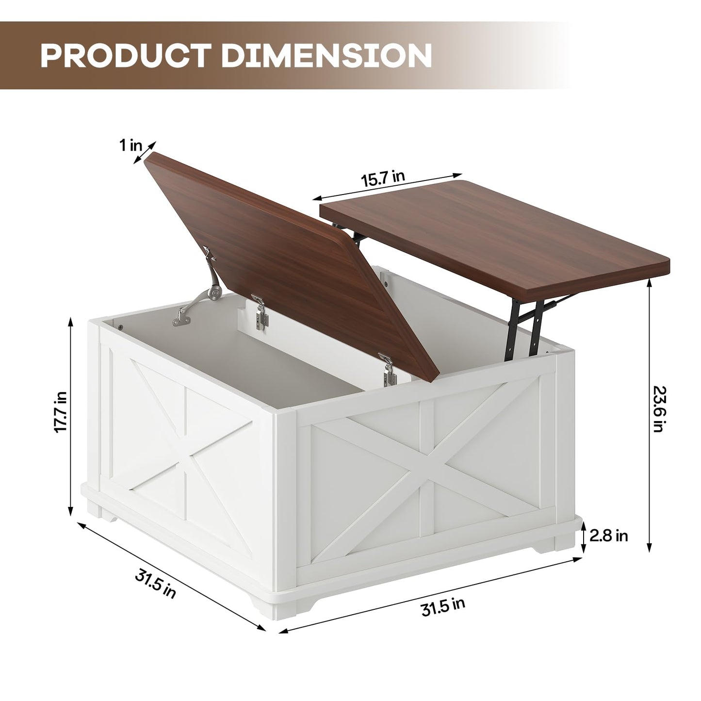 Airynee Farmhouse Coffee Table with Hydraulic Lifter, Square Coffee Table with Large Hidden Storage Compartment for Living Room, Wooden Coffee Tables with Brown Flip-Top Lids for Home Office, White