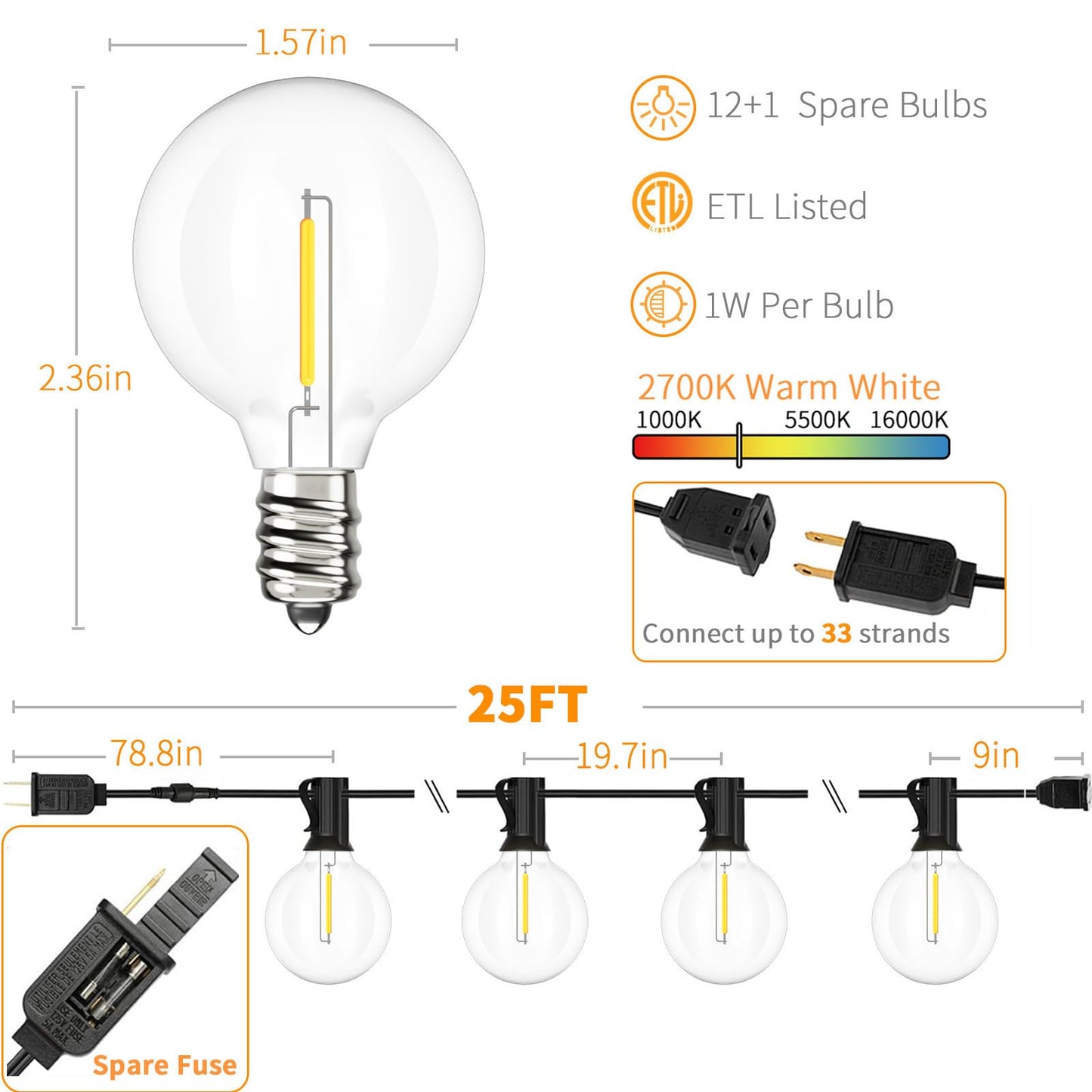 Svater Outdoor String Lights LED 25 FT, Patio Globe Lights with 13 Plastic G40 Bulbs, Waterproof Dimmable Outside Hanging Light for Backyard Bistro Cafe Porch Party Decor, 2700K Warm White