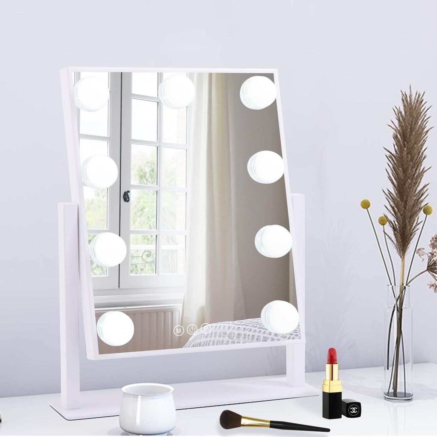 BWLLNI Lighted Makeup Mirror Hollywood Mirror Vanity Mirror with Lights, Touch Control Design 3 Colors Dimable LED Bulbs, Detachable 10X Magnification, 360°Rotation, (White) 12" L x 14" W