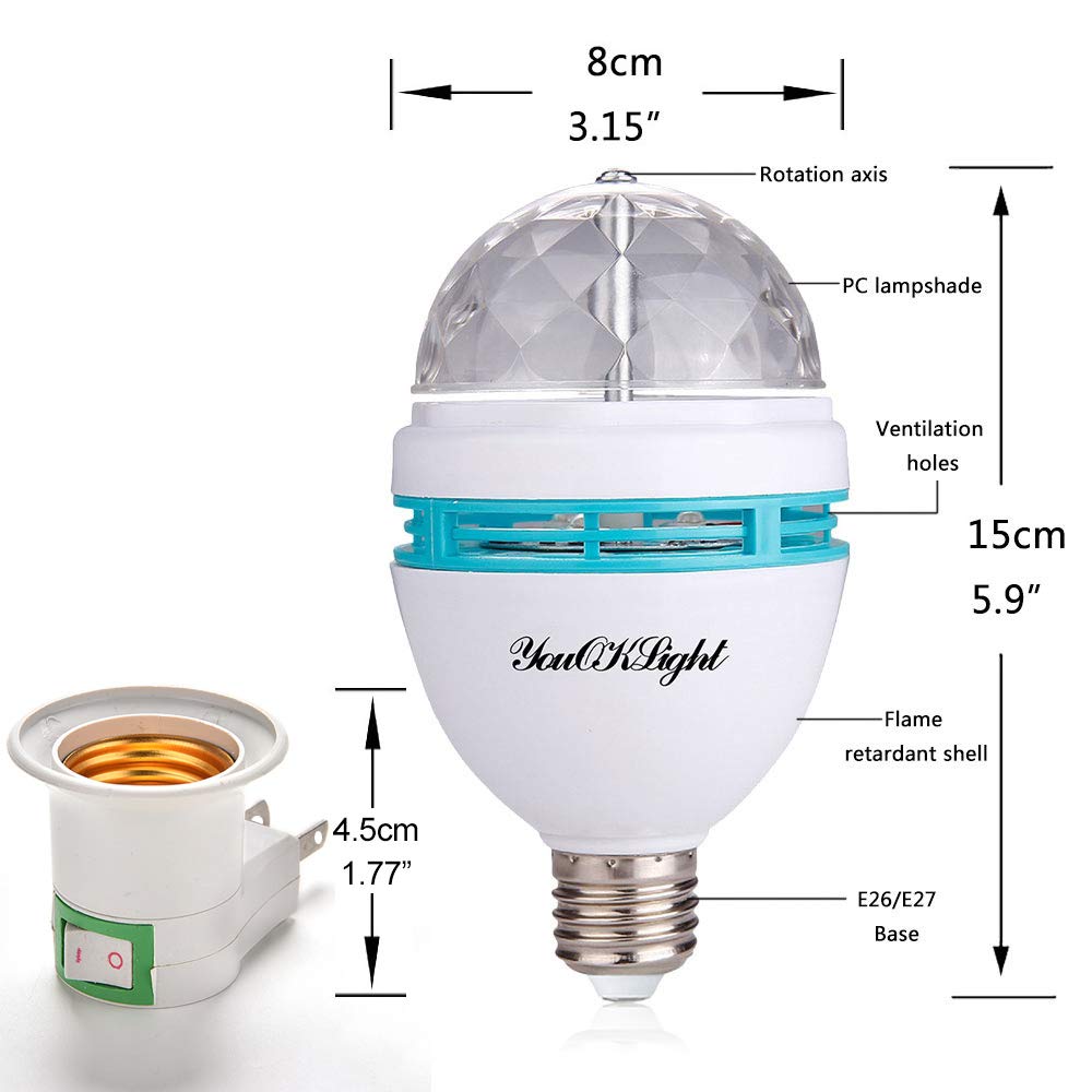 YouOKLight E26 Rotating RGB Disco Ball Light, LED Strobe Bulb Magic Ball Light, for Birthday Party Club Bar Karaoke Halloween Christmas