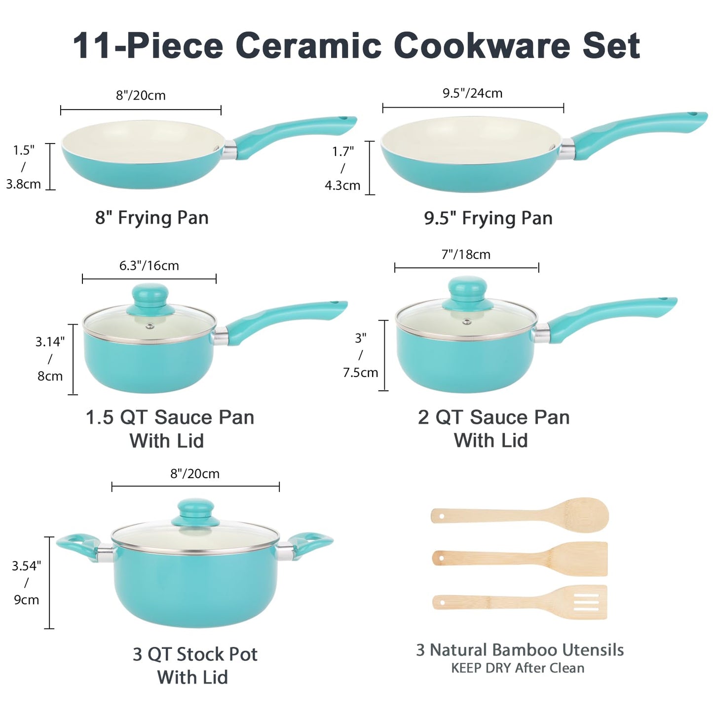 M MELENTA Pots and Pans Set Nonstick, 11pcs Kitchen Cookware Sets Induction Cookware, Ceramic Non Stick Cooking Set, Stay Cool Handle & Bamboo Kitchen Utensils, 100% PFOA Free, Turquoise