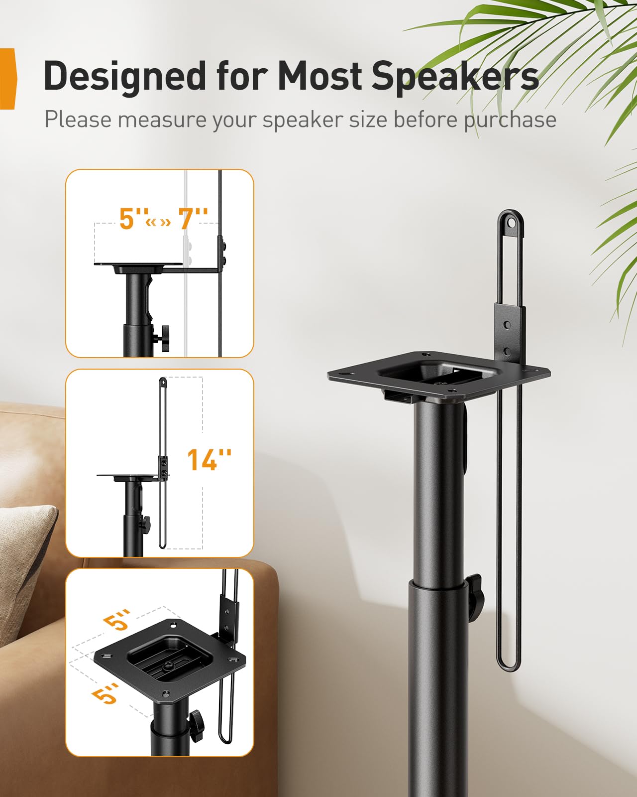 Perlegear Speaker Stands Pair, 33-42 Inch Height Adjustable Stands for Small Bookshelf & Satellite Speakers with Cable Management, 13.2 lbs Capacity, PGSS12