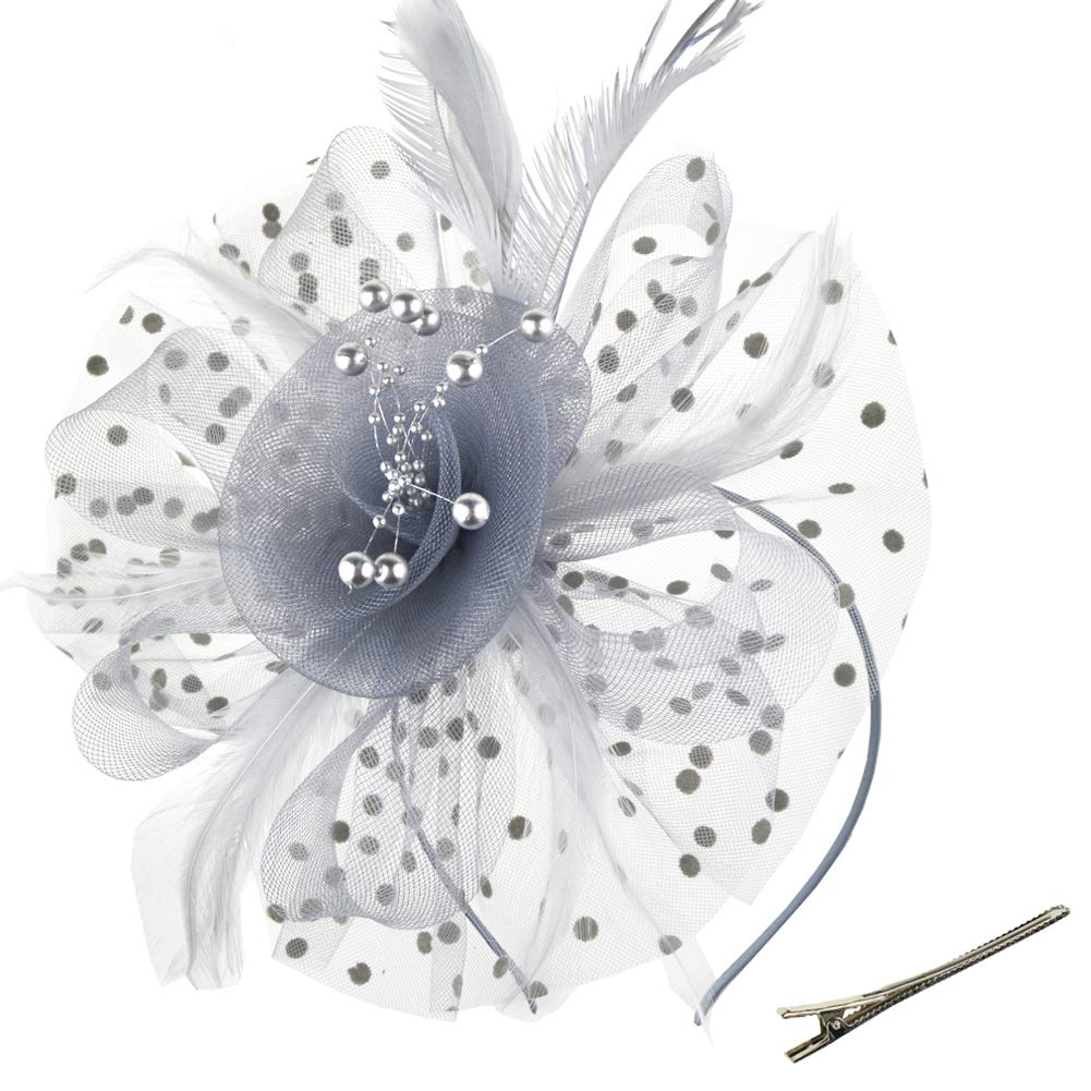 DRESHOW Fascinators Hat Flower Mesh Ribbons Feathers on a Headband and a Clip Tea Party Headwear for Girls and Women