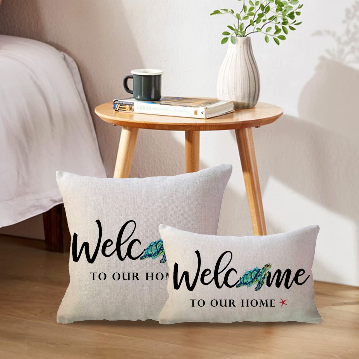 ULOVE LOVE YOURSELF Summer Welcome Throw Pillow Covers 12 x 20 Inch Farmhouse Beach House Decorative Lumbar Pillowcases Sea Turtle Cushion Covers for Front Porch Decor Housewarming Gifts