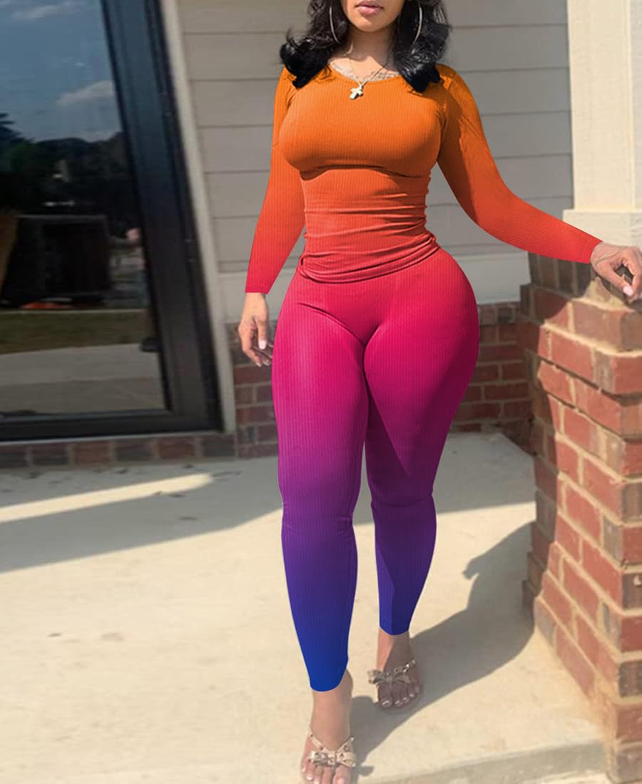 Nimsruc Two Piece Outfits For Women Casual Jogging Suits Long Sleeve Tracksuits Bodycon Crew Neck Sweatsuits Pants Sets Matching Orange Pink Purple Gradient S