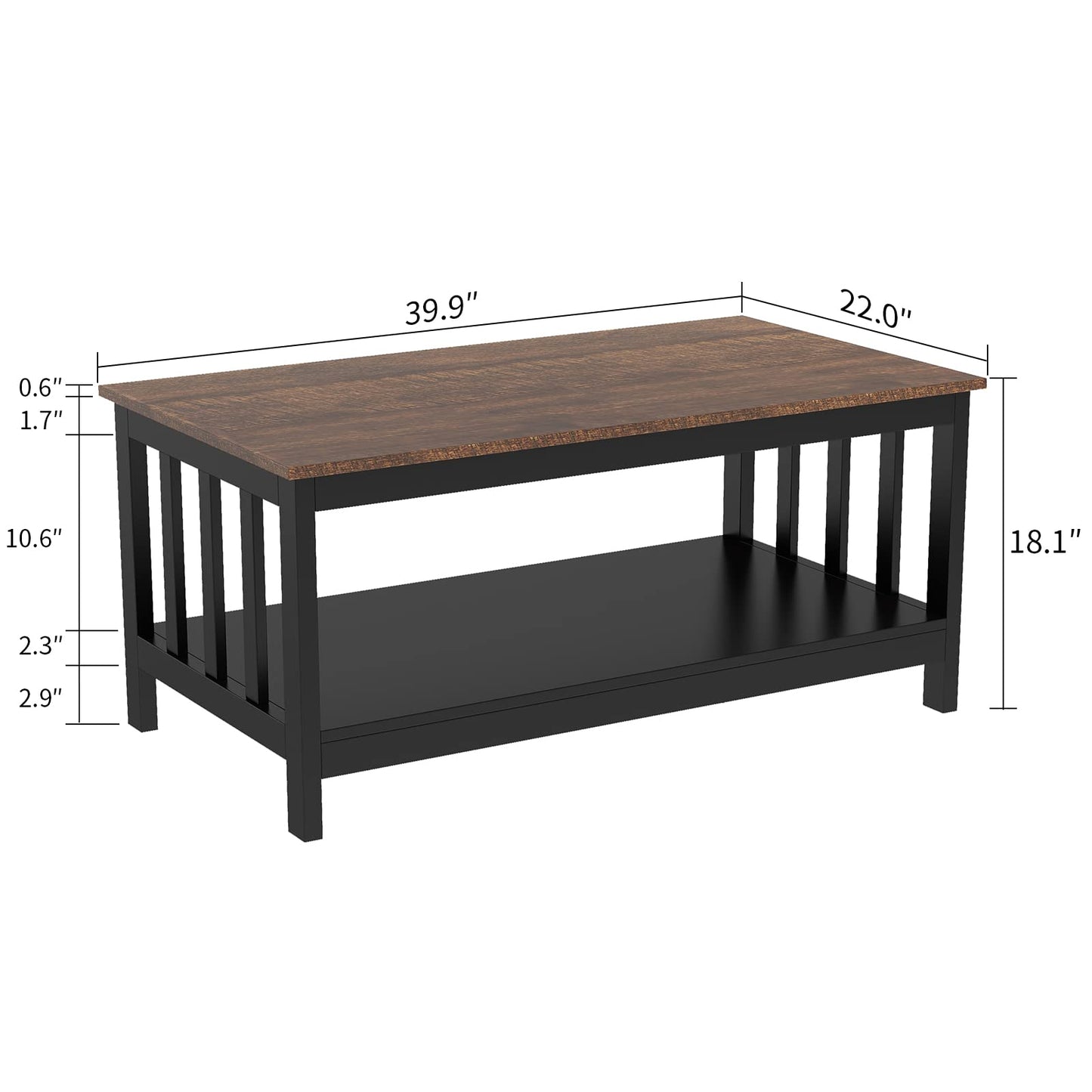 ChooChoo Farmhouse Coffee Table, Black Living Room Table with Shelf, 40 Inch