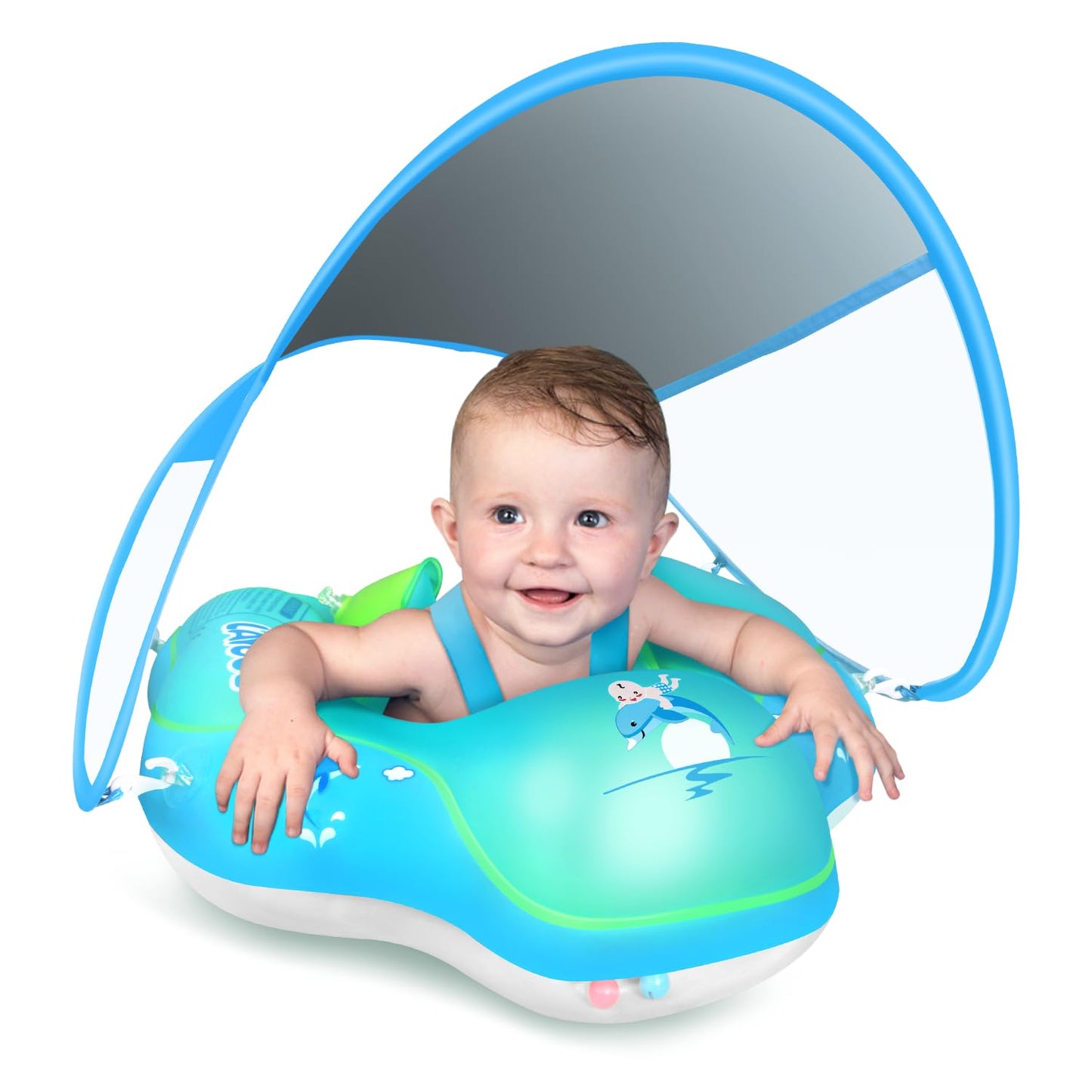 LAYCOL Baby Swimming Float Inflatable Baby Pool Float Ring with Sun Protection Canopy,add Tail no flip Over for Age of 3-36 Months