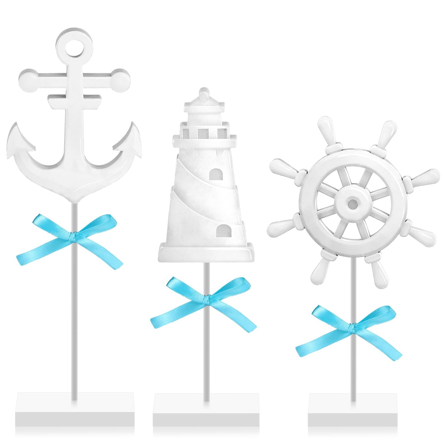 Seeloowy 3 Pcs Summer Nautical Wood Table Decor Anchor, Lighthouse, Ship Wheel Standing Centerpiece Rustic Coastal Farmhouse Beach Ocean Table Topper Sign for Home Kitchen Party