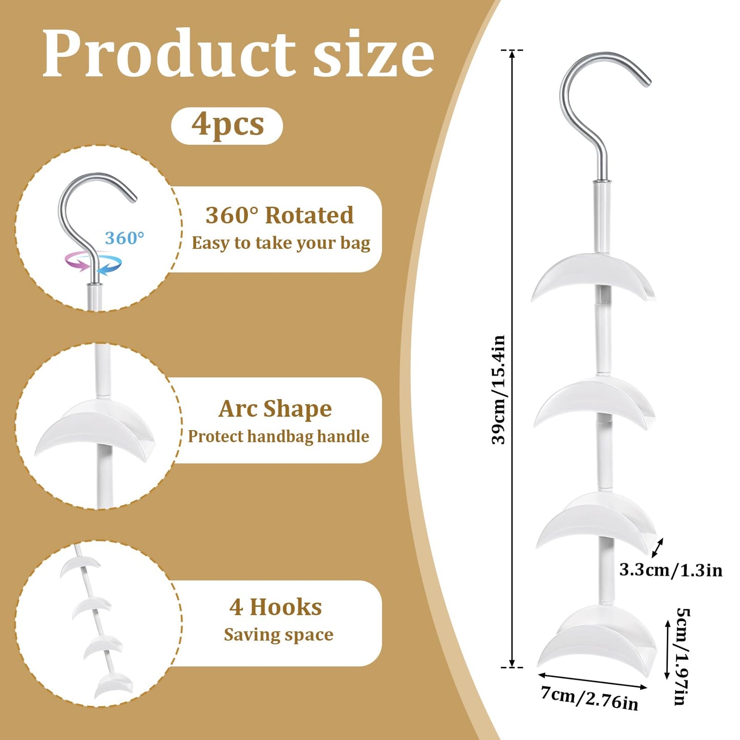 Dimeho 4 Pcs Purse Hanger for Closet, Hanging Bag Holder 360°Rotatable Handbag Hook Space Saving Bags Storage Metal Backpack Rack Purses White Tote Bag Hanging Organizer for Closet
