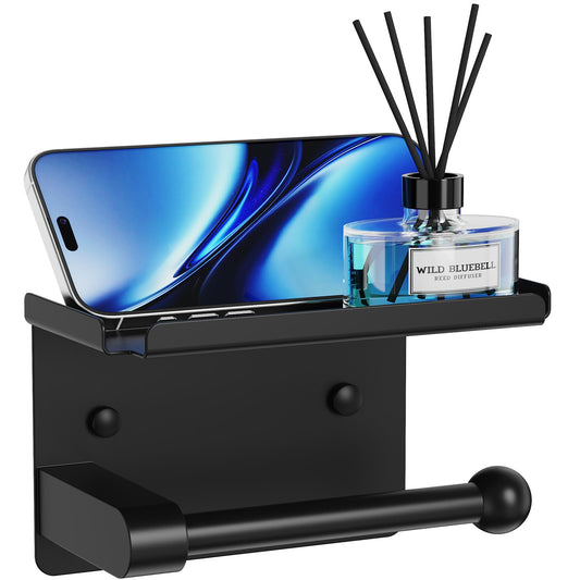 Metal Toilet Paper Holder with Shelf - Wall Mount, Rustproof, Adhesive & Screws Included, Toilet Tissue Roll Holder for Bathroom, Washroom Kitchen (Black)