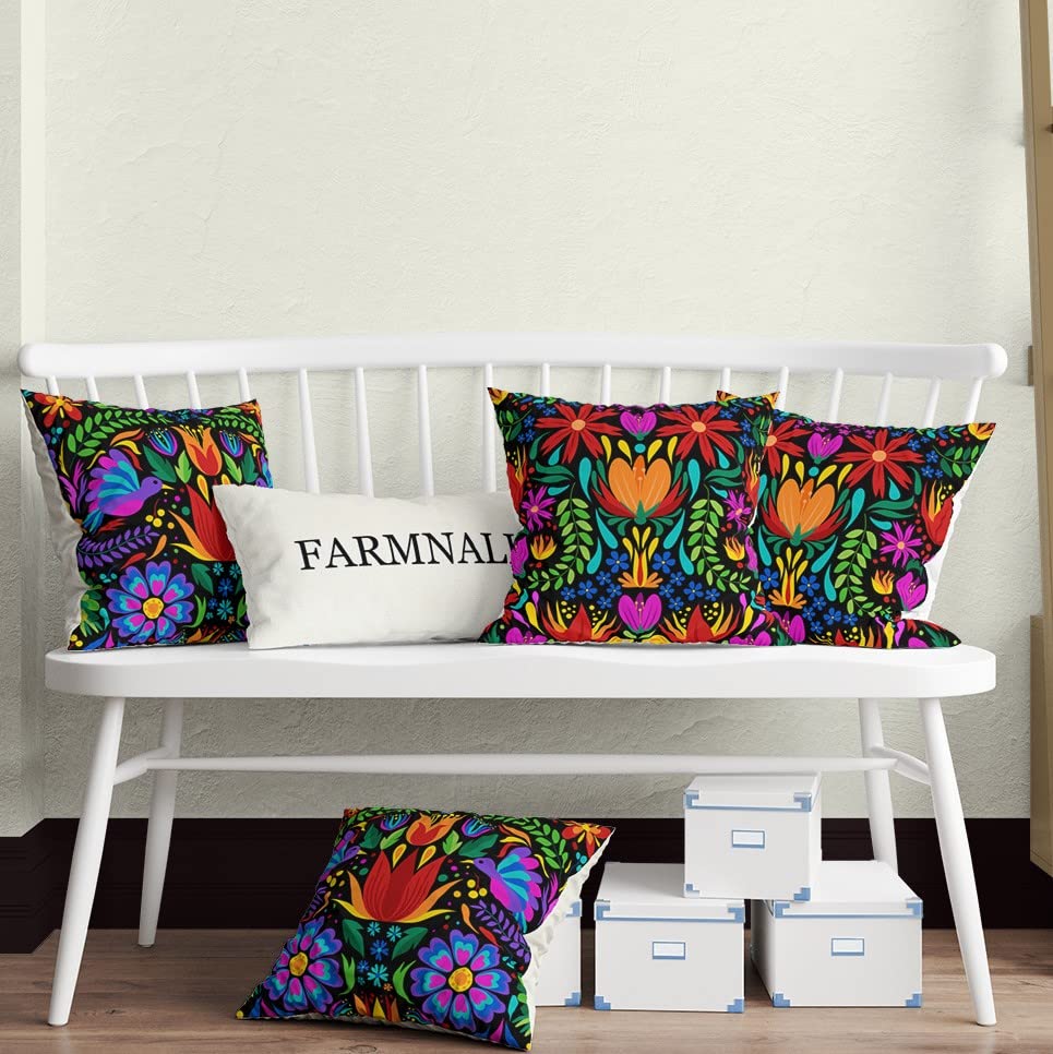 FARMNALL Mexican Fiesta Throw Pillow Covers 18x18 Set of 4 Dragonfly Flower Dahlia Pillow Case Day of The Dead Dia De Los Muertos Cinco De Mayo Decorations