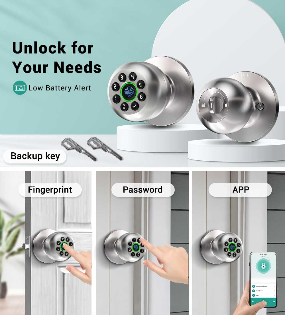 WREO Keypad Smart Door Knob Lock, Fingerprint Keyless Entry Door Lock with Handle for Front Door and Bedroom, Electrionic Biometric Code Door Knob with APP, Auto Lock for Home Office Apartment Garage