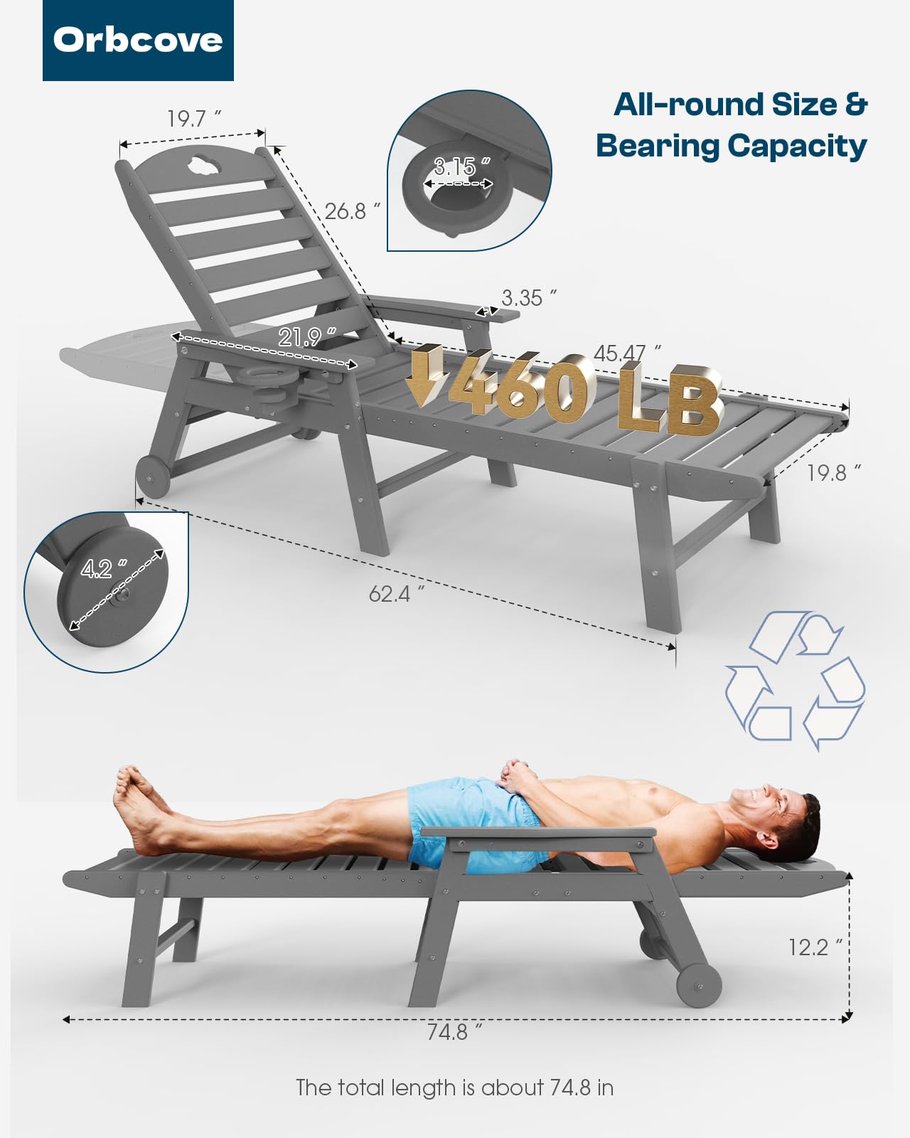 Orbcove Oversized Chaise Lounge Chair Outdoor with Wheels & Cup Holder, 6-Position Adjustable HDPE Patio Lounge Chair for Poolside, Garden, Deck & Lawn (Grey, 2-Piece)