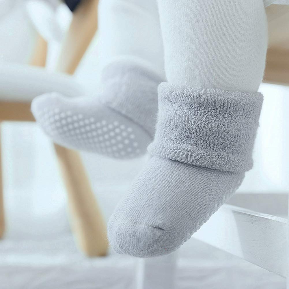 VWU Baby Toddler Kids Ankle Crew Socks with Grips Unisex Warm Thick Cotton Winter Socks 3-12 Months 6 Color