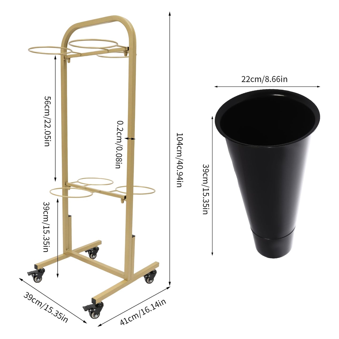 Fichiouy Mobile Flower Display Shelf with 6 Plastic Buckets, Rolling Heavy Duty Metal Plant Stand Flower Bucket Stand with Wheels,2 Tiers Flower Cart(Gold+Black)