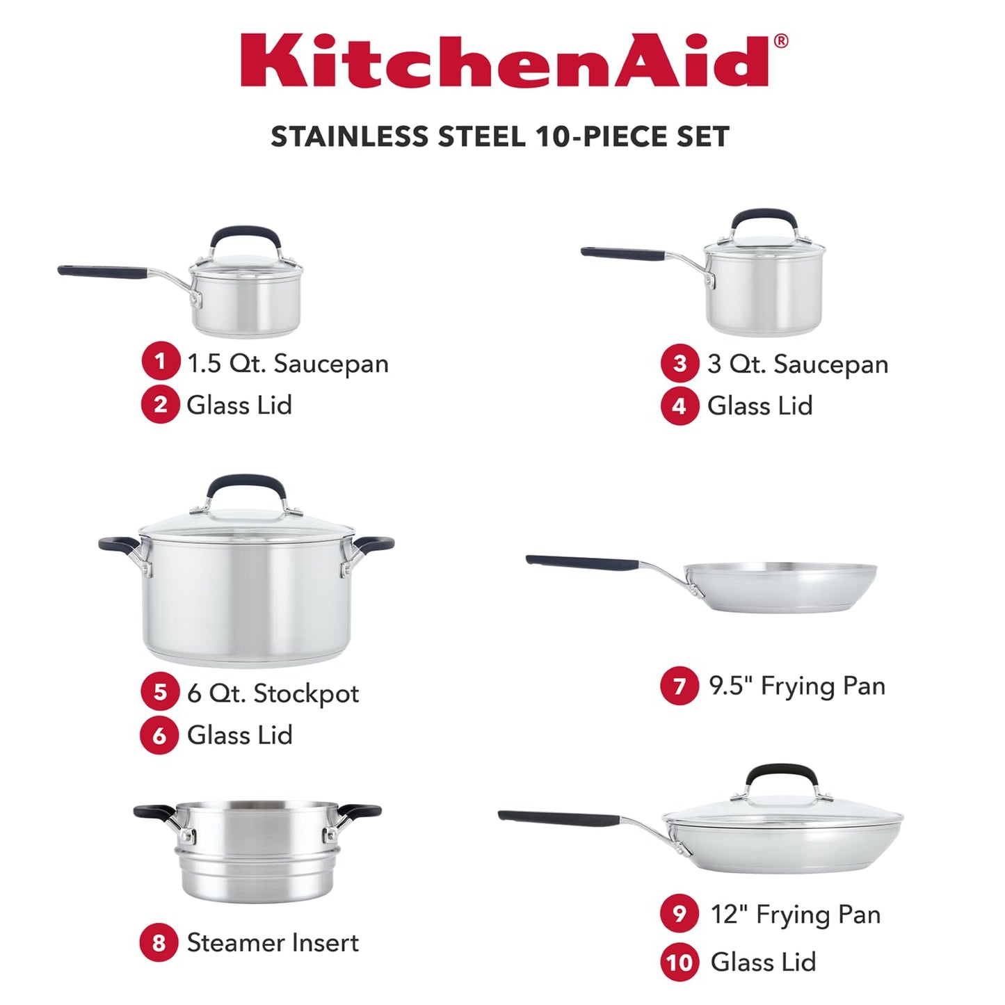 KitchenAid Stainless Steel Cookware/Pots and Pans Set, 10 Piece, Brushed Stainless Steel