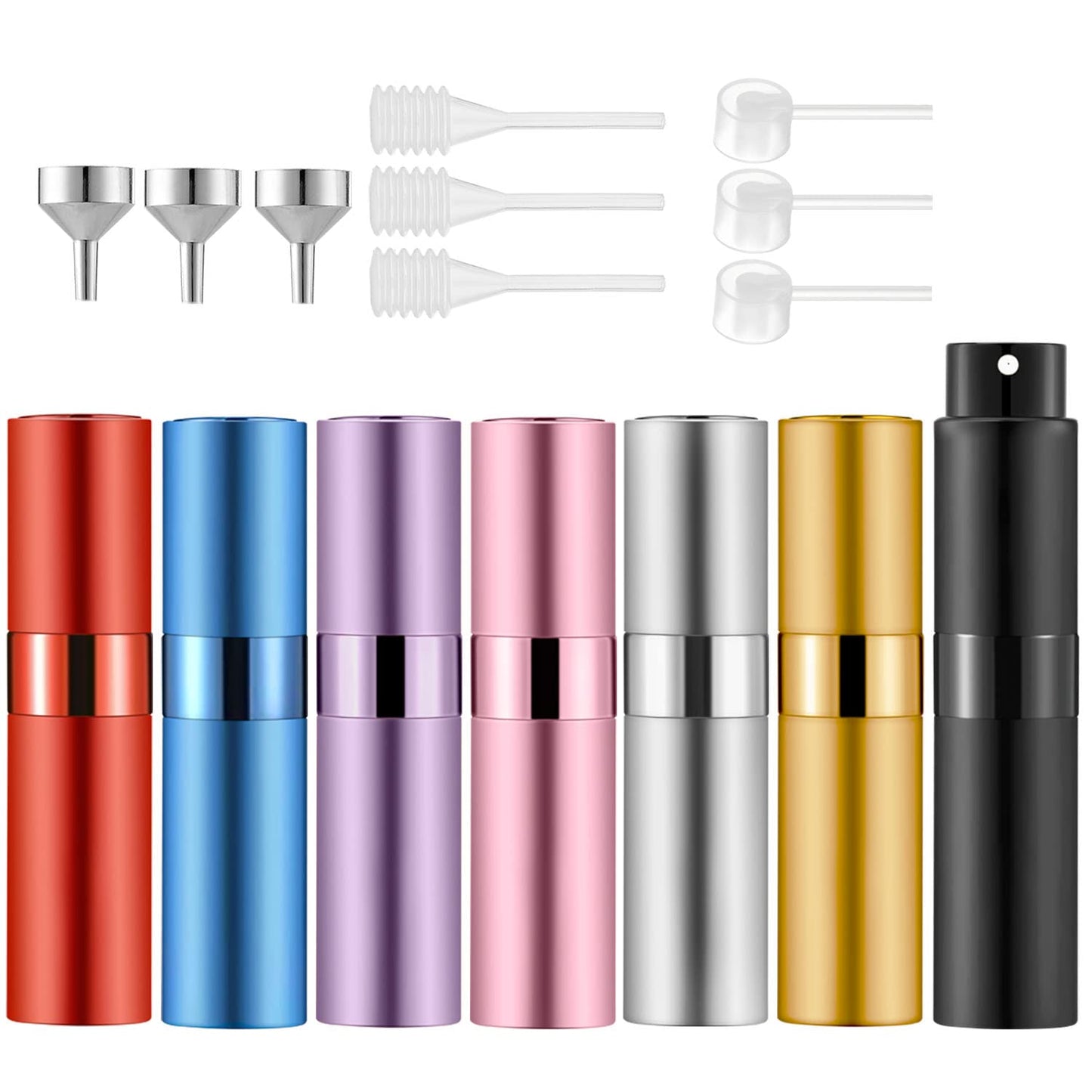 Lil Ray 8ml Portable Mini Perfume Atomizer(4 PCS),Refillable Empty Small Spray Bottle for Travel, Twist Type Pocket Cologne Sprayer (Matte Black, Pink, Blue, Silver)