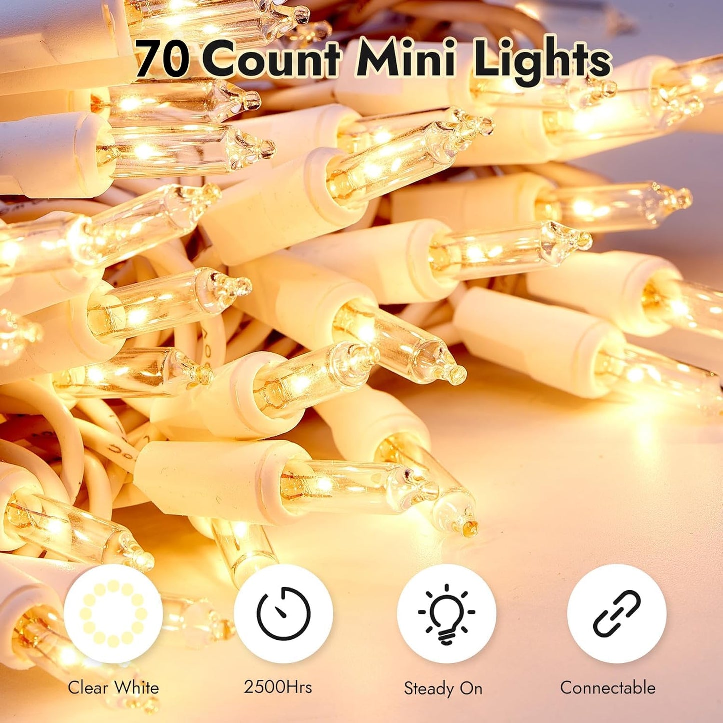 Dirnun Christmas Lights Clear White 70 Count Incandescent Light UL Certified Connectable Christmas Tree Lights with White Wires for Indoor Outdoor Xmas, Wedding, Holiday, Party, Home Decorations