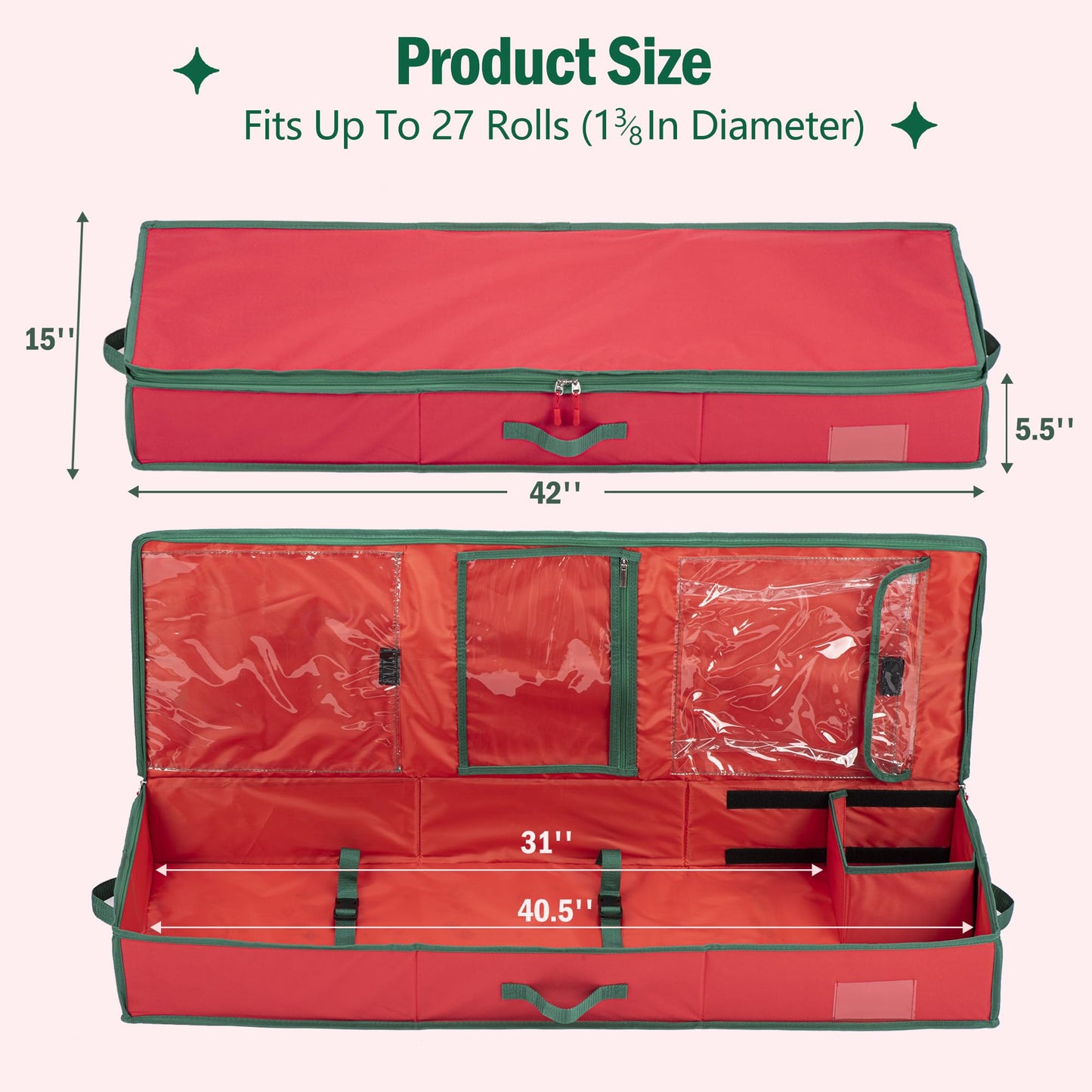 EXLIFBAG Wrapping Paper Organizer Storage for Christmas Gifts Wrapping Pape, Fits Ribbon, Ornaments, Holiday Accessories, 40"