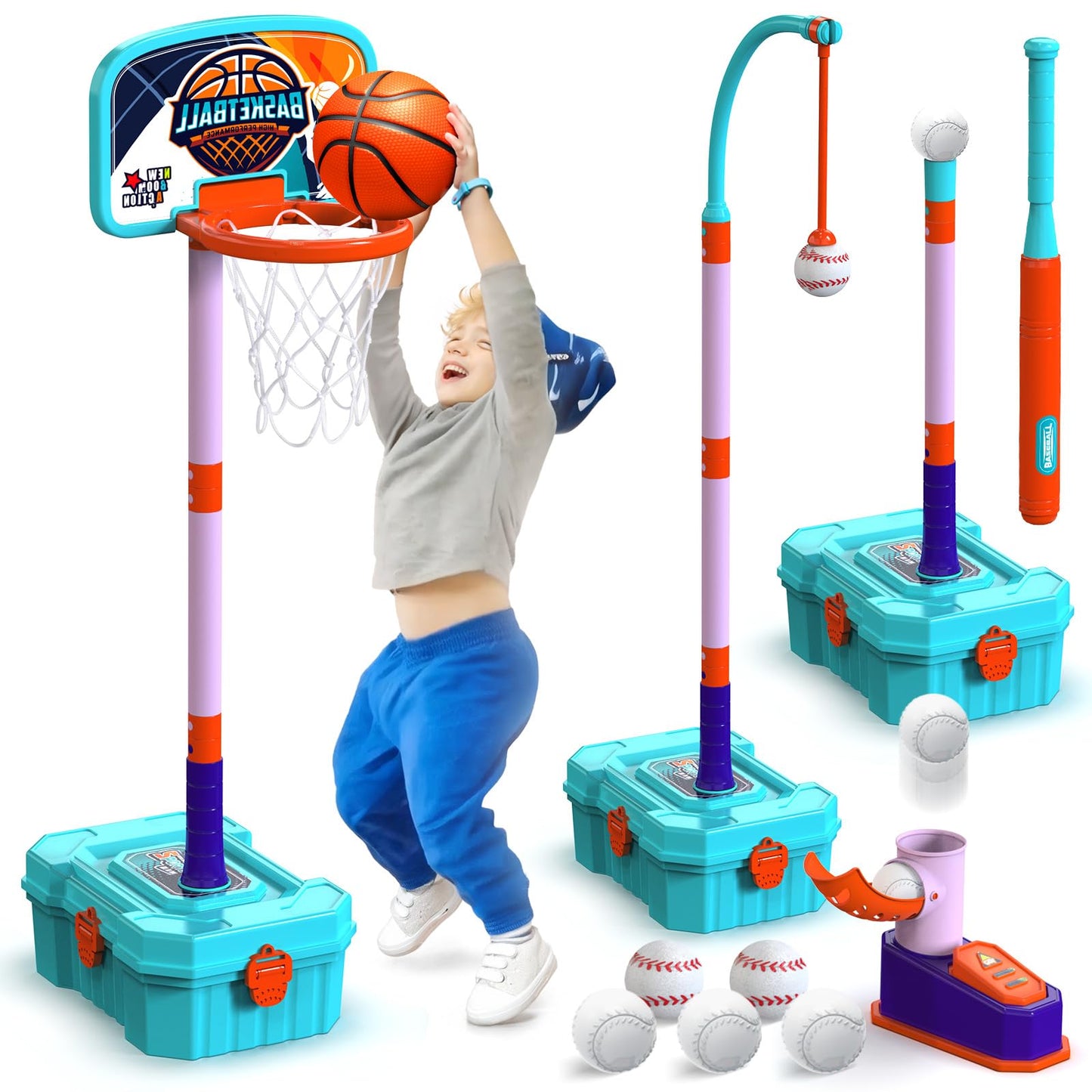 Kids Basketball Hoop and T-Ball Set for Kids 3-5, 3 Adjustable Toddler Basketball Hoop Indoor Outdoor Kids Toys Birthday Gift for Boys Girls