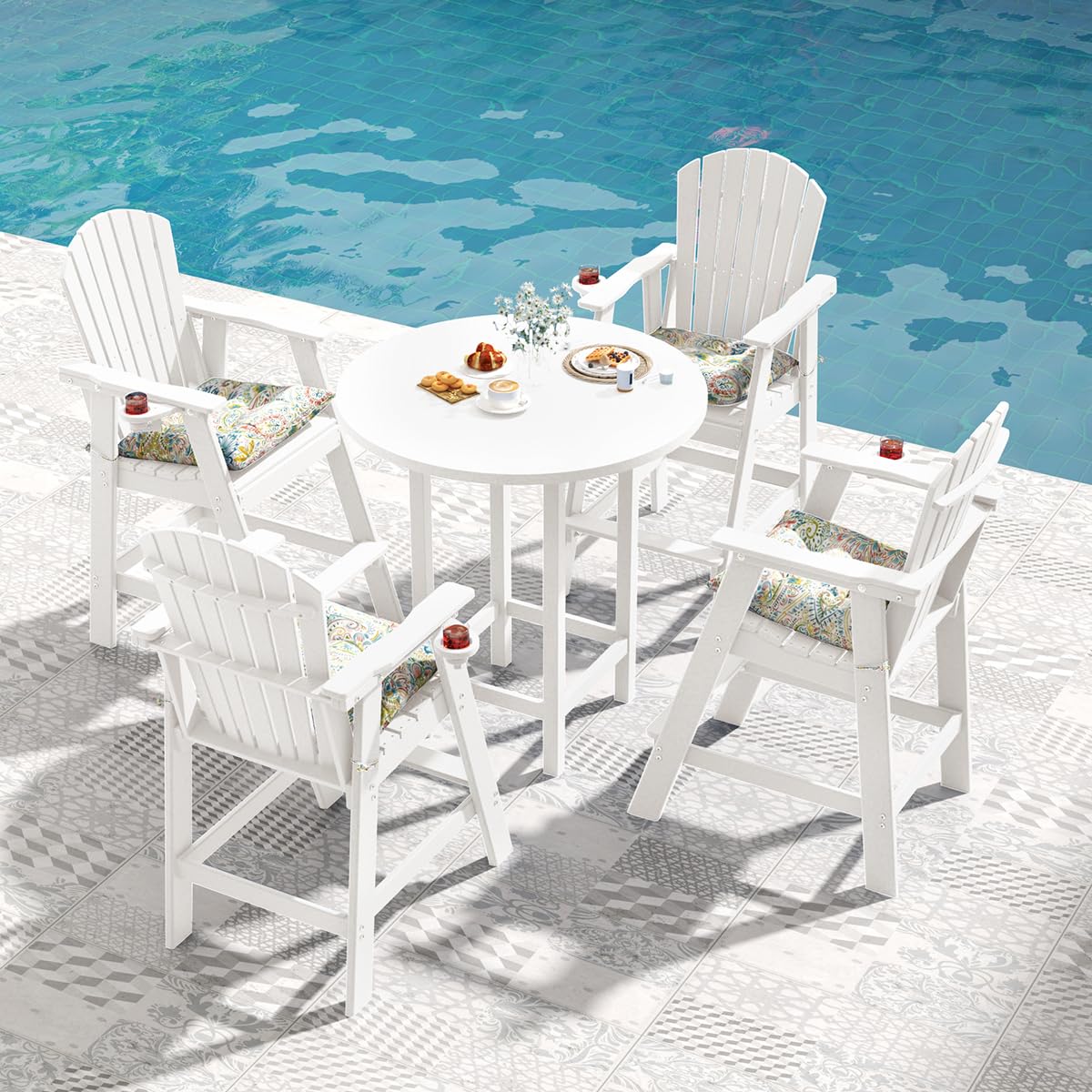 Sundale Outdoor Tall Adirondack Chairs Set of 2, 30 Inch Seat Height Patio Adirondack Bar Stools, HDPE Pub Chairs with Backrest, Tall Bistro Dining Counter Stool with Cushion, All-Weather, White