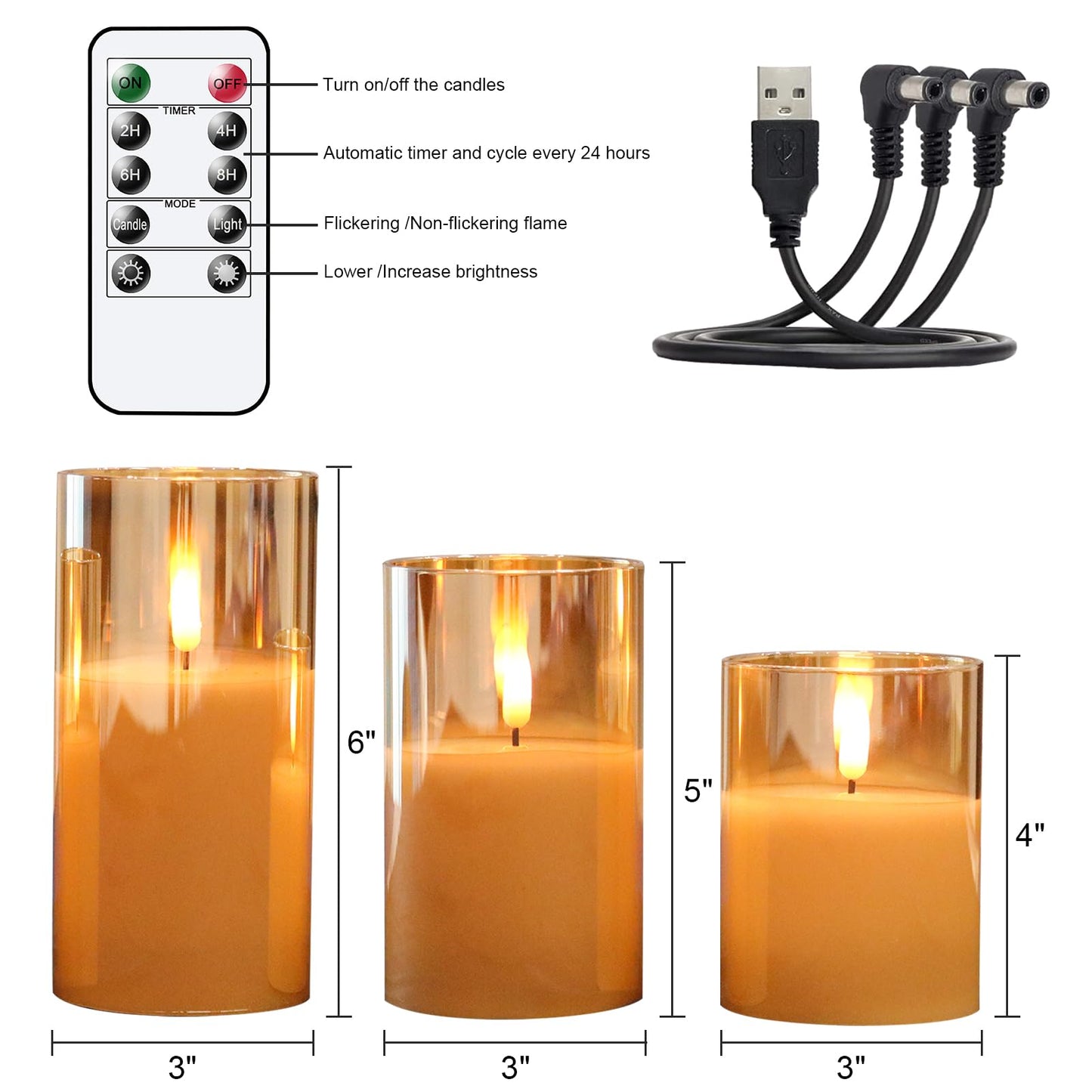 GenSwin Rechargeable LED Flameless Flickering Glass Candles with Remote Timer, Battery Operated Pillar Candles Long Lasting Gold Real Wax USB Candle (D 3”×H 4”5”6”)