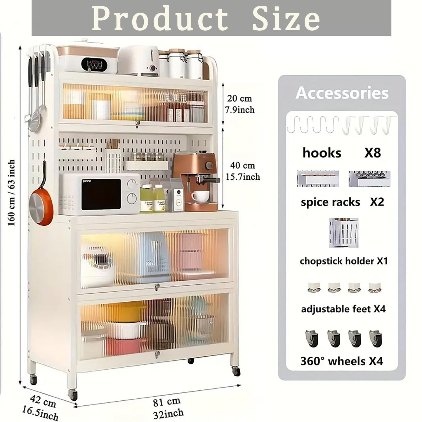 Voclym Bakers Rack with Wheels, 5-Tier Coffee Bar with Wheels, Microwave Stand with Storage, Kitchen Shelves for Kitchen Pantry, Storage Room, White