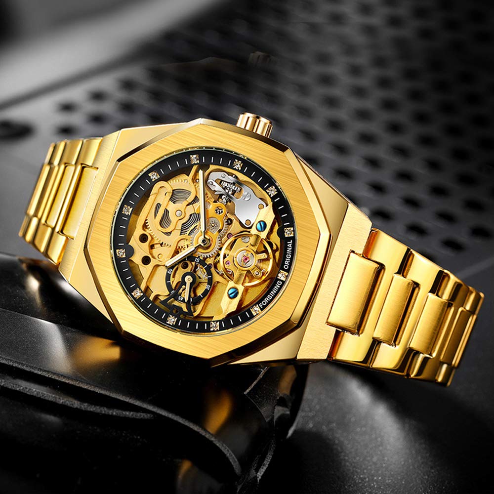 Tiong Cool Tourbillon Automatic Mechanical Watch Men Gold Luxury 2 Dial Watch Metal Stainless Steel Watchband Christmas Gift