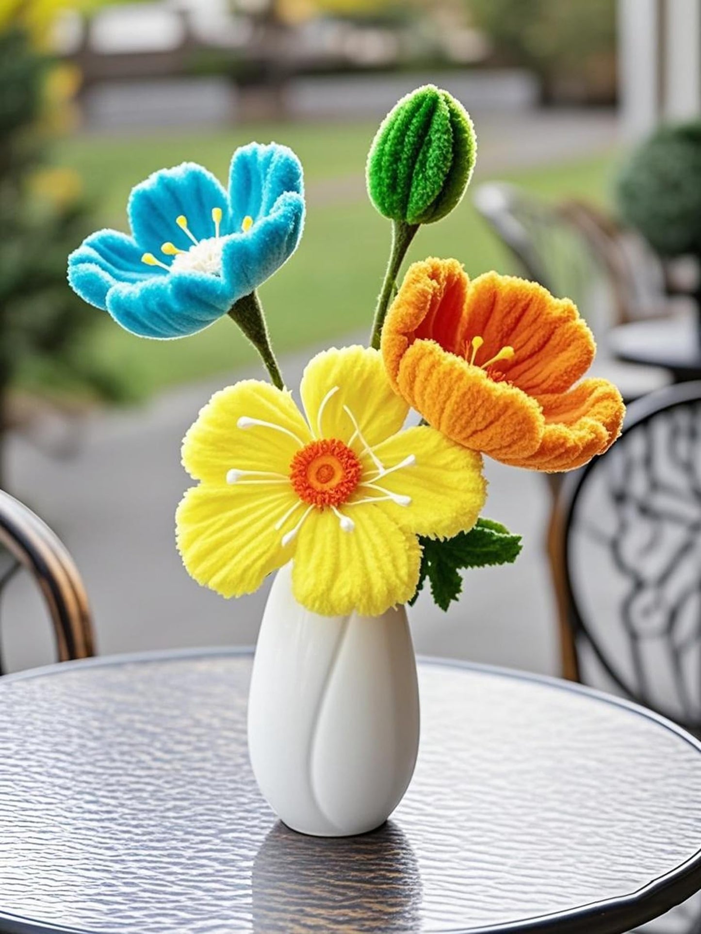Handmade Artificial Flowers Kit with Ceramic Vase - Poppy Pipe Cleaner Bouquet for Wedding Centerpiece, Preserved Flowers Home Decor (Lasts 3-5 Years | Reshape Upon Arrival).