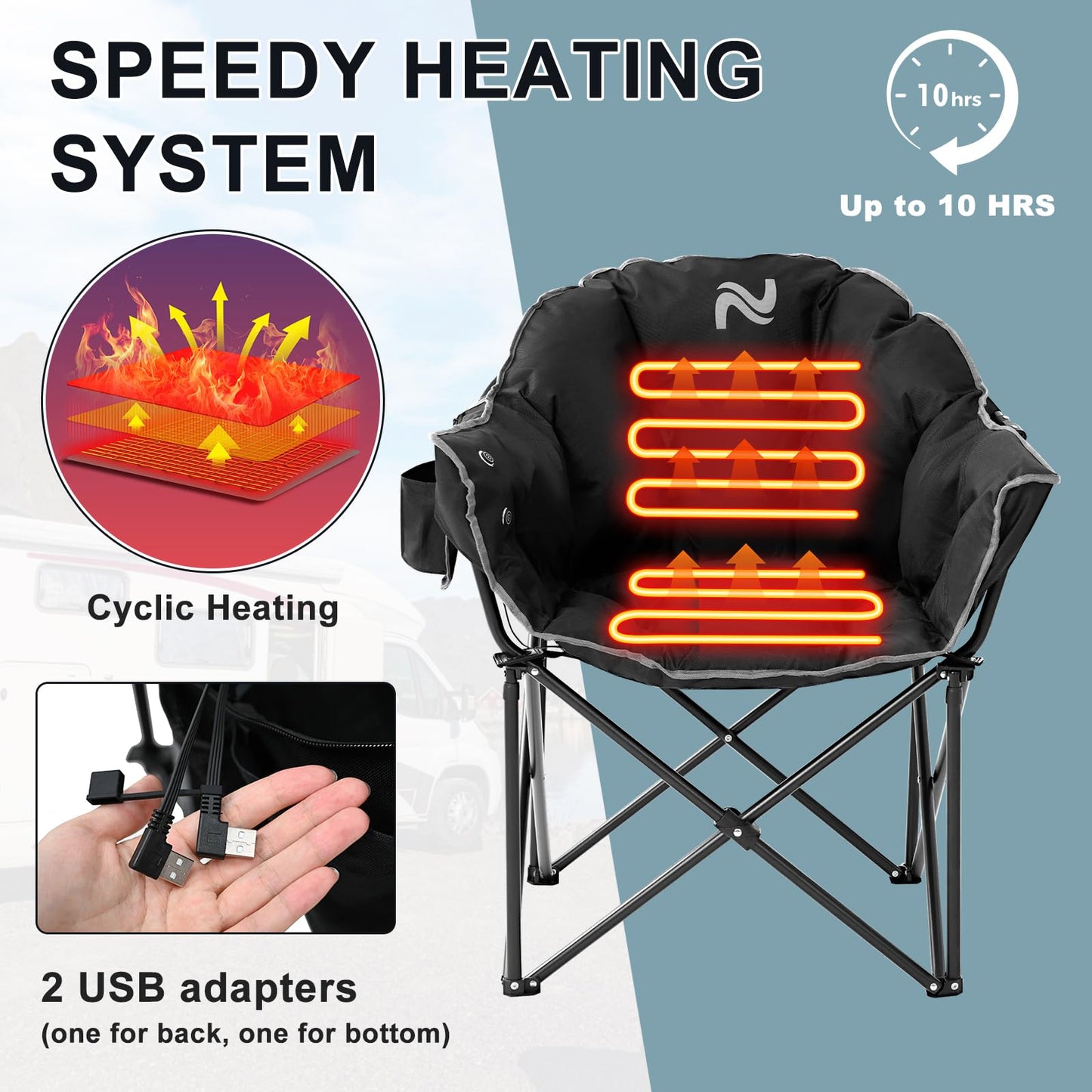 MOPHOTO Heated Camping Chair, Portable Heated Camping Chairs Outdoor, Padded Oversized Heated Folding Chairs Outdoor Sports, Heating Lawn Chair Patio Lounge Chairs for Adults