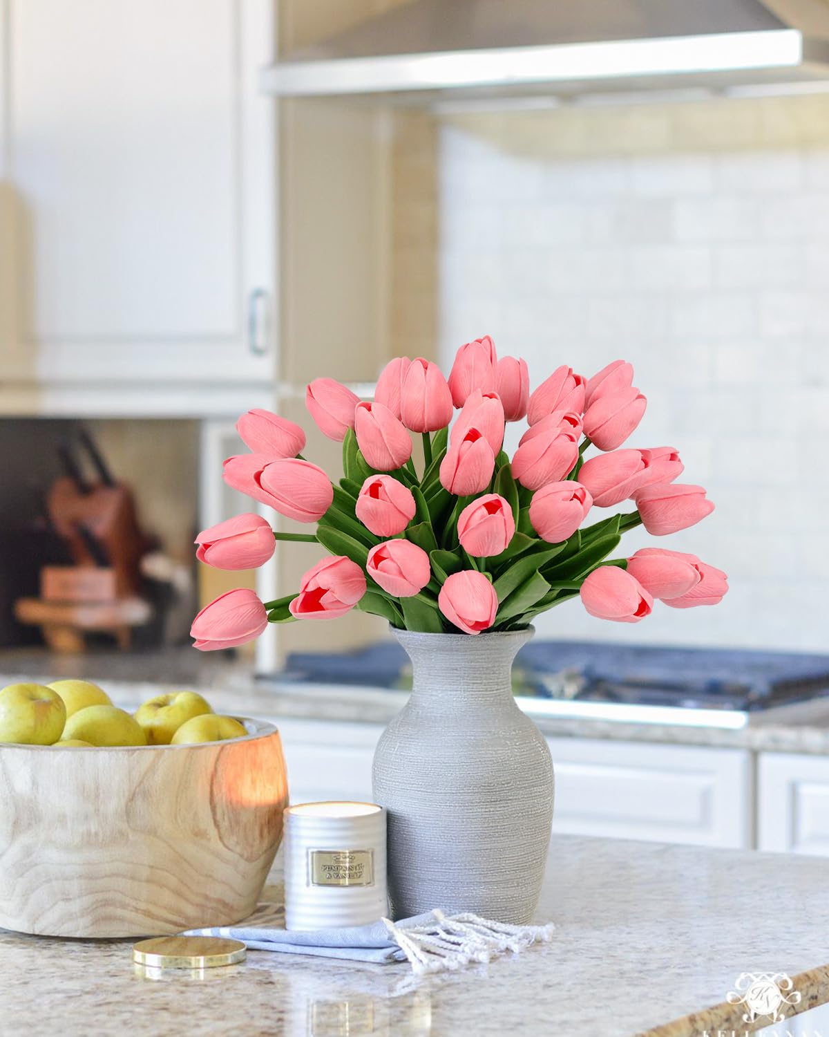 MACTING 30 PCS Artificial Tulip Flowers 13.7" Real Touch Fake PU Tulips Bouquet Faux Pink Flowers for Floral Arrangements Table Centerpieces Kitchen Home Indoor Outdoor Summer Decorations