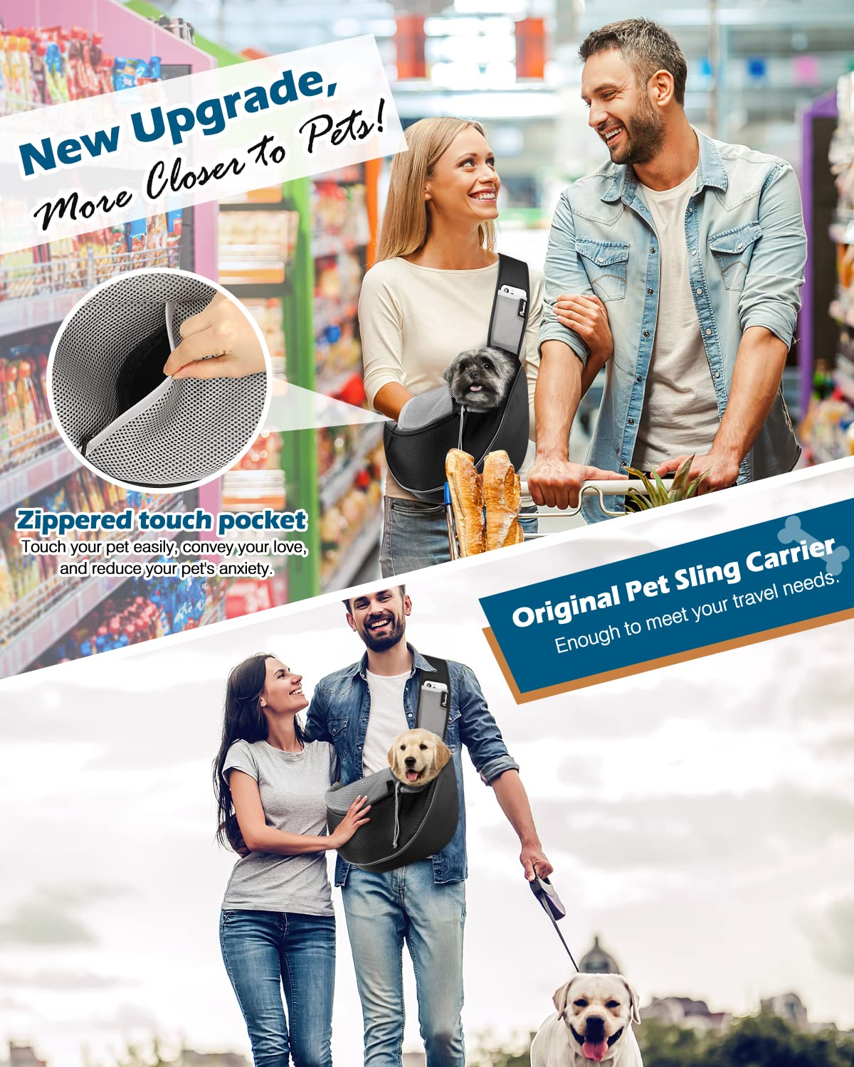 Pawaboo Dog Sling Carrier, Dog Papoose with Zipper Touch Pocket, Hand Free Breathable Mesh Puppy Carrier, Crossbody Satchel Dog Purse with Adjustable Strap for Outdoor Travel, Black, Small