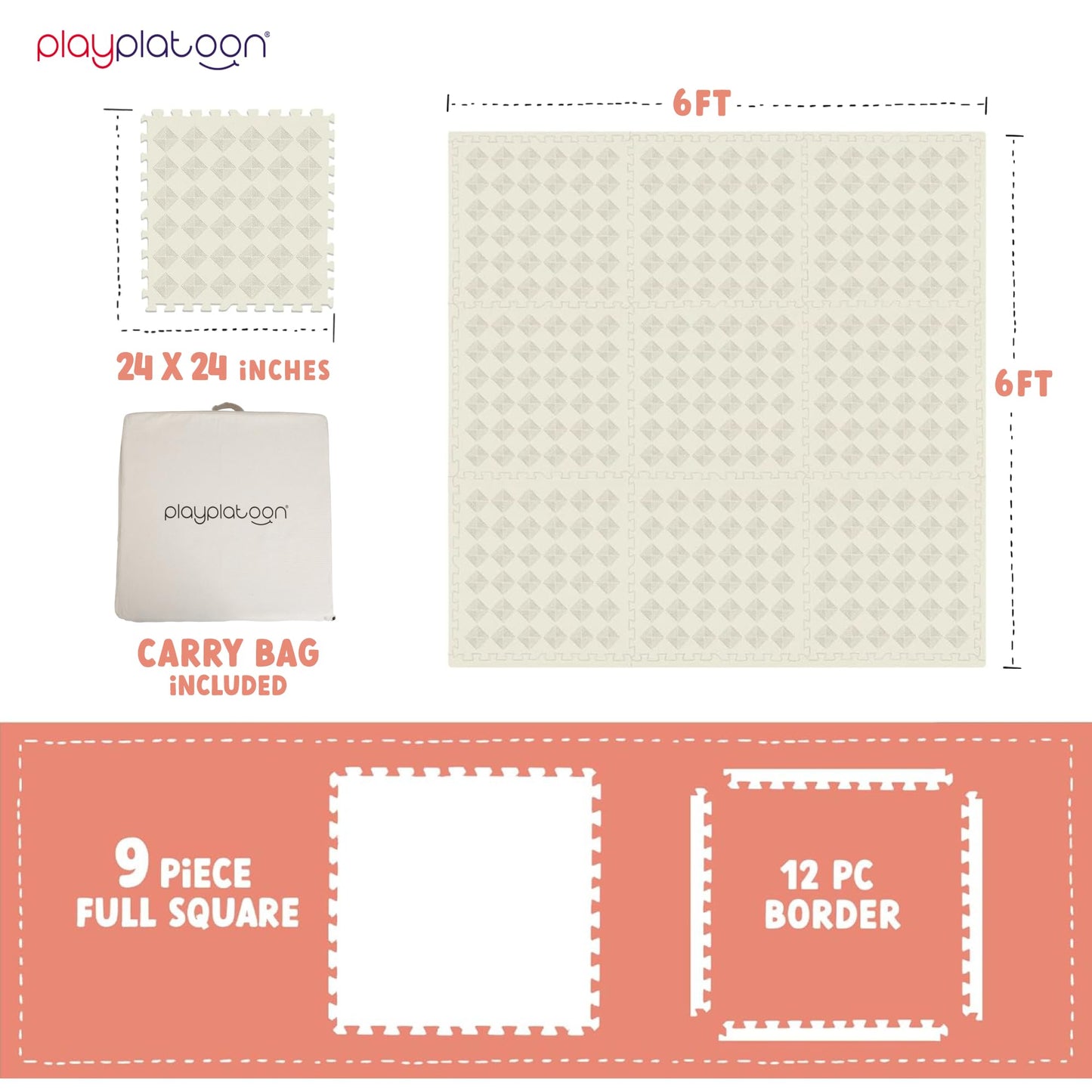 Play Platoon Large Kids Mats for Floors, 9 Tile 72 x 72 inch, Extra-Thick Interlocking Tiles, 24 x 24 in. Puzzle Mat Pieces with Border, Non-Toxic, Neutral Playmat Rug for Toddlers & Children