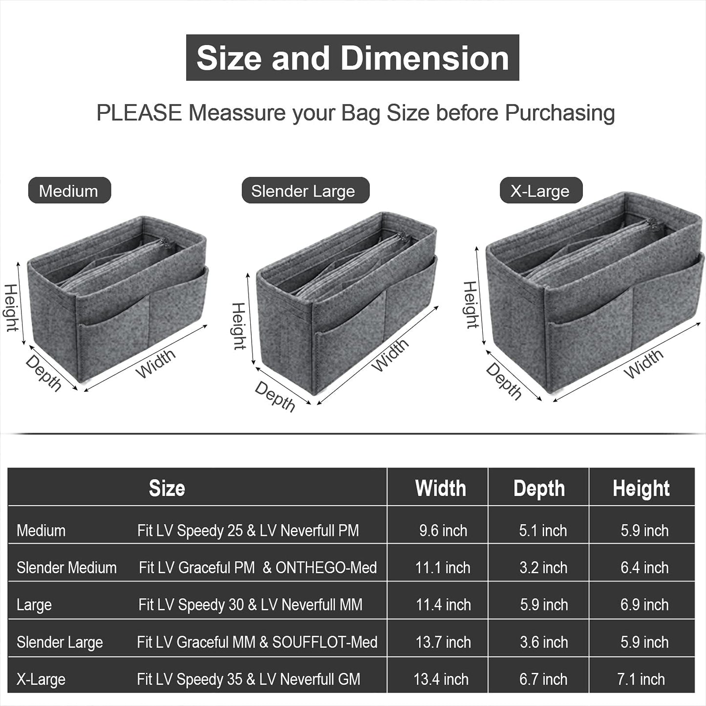 OMYSTYLE Grey Organizer Insert, Felt Tote Bag Organizer Insert with 5 Sizes, Handbag Dividers for Inside Purse, Compatible with Longchamp, Neverful, Speedy and More
