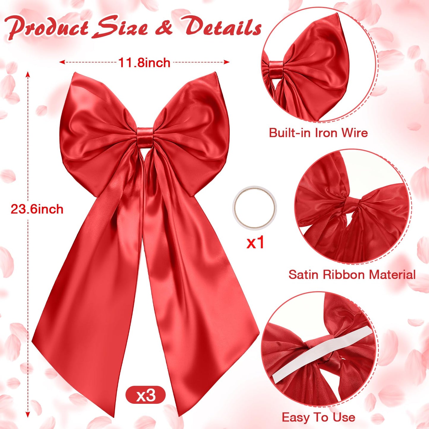 Suncalla 3 Pcs 2 FT Large Bow Decorations Big Satin Bows Hanging Wall Decors for Room Fireplace Coquette Birthday Backdrop Bridal Shower Wedding Bachelorette Christmas Party Supplies(Red)