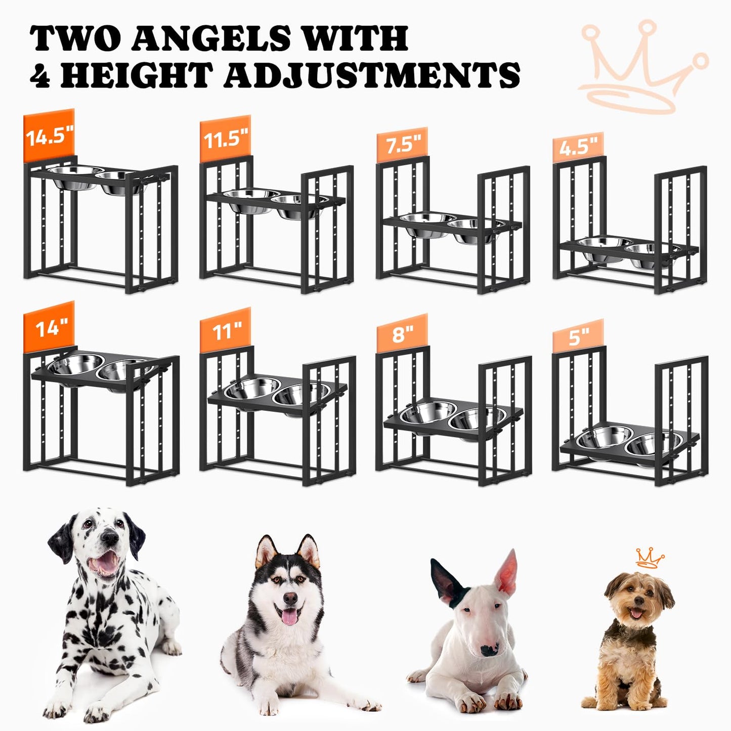 Elevated Metal Dog Bowls for Medium Breed: 4 Height-Adjustable Raised Dog Bowl Feeder Station with 2 Stainless Steel Bowls, Black