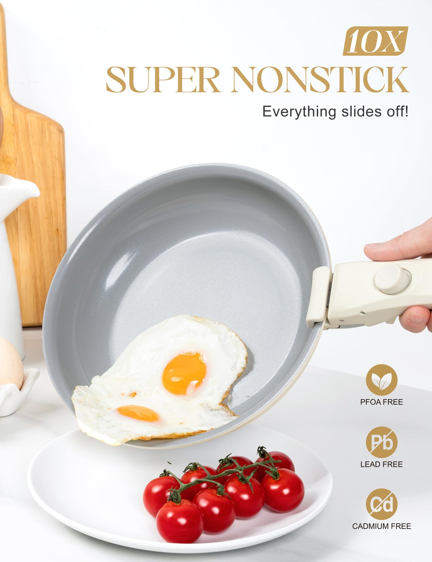 MICHELANGELO Ceramic Frying Pan Set, 8" 9.5" and 11" Fry Pans with Removable Handle, Nonstick Skillet Sets with Non Toxic Coating, PFOS & PFOA Free, Induction Compatible, Beige