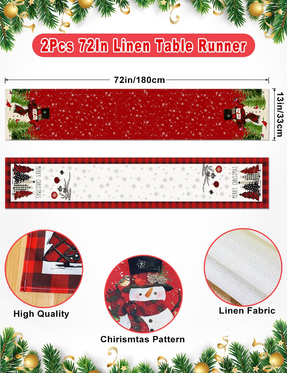 TOYPOPOR Set of 2 Christmas Table Runner, Including Buffalo Linen Christmas Trees Table Runner and Merry Christmas Snowman Table Runner for Xmas Holiday Winter Decoration Indoor Party Wedding - 72in
