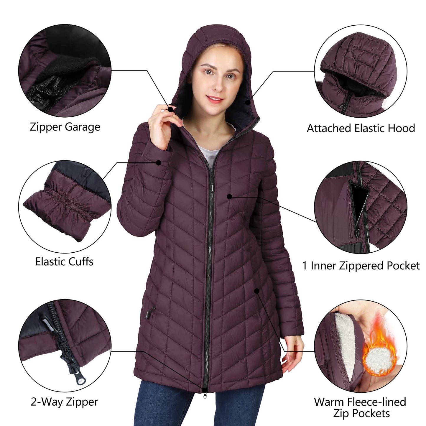 Outdoor Ventures Women's Maryan Hooded Ultra Lightweight Warm Thermolite Long Puffer Coat
