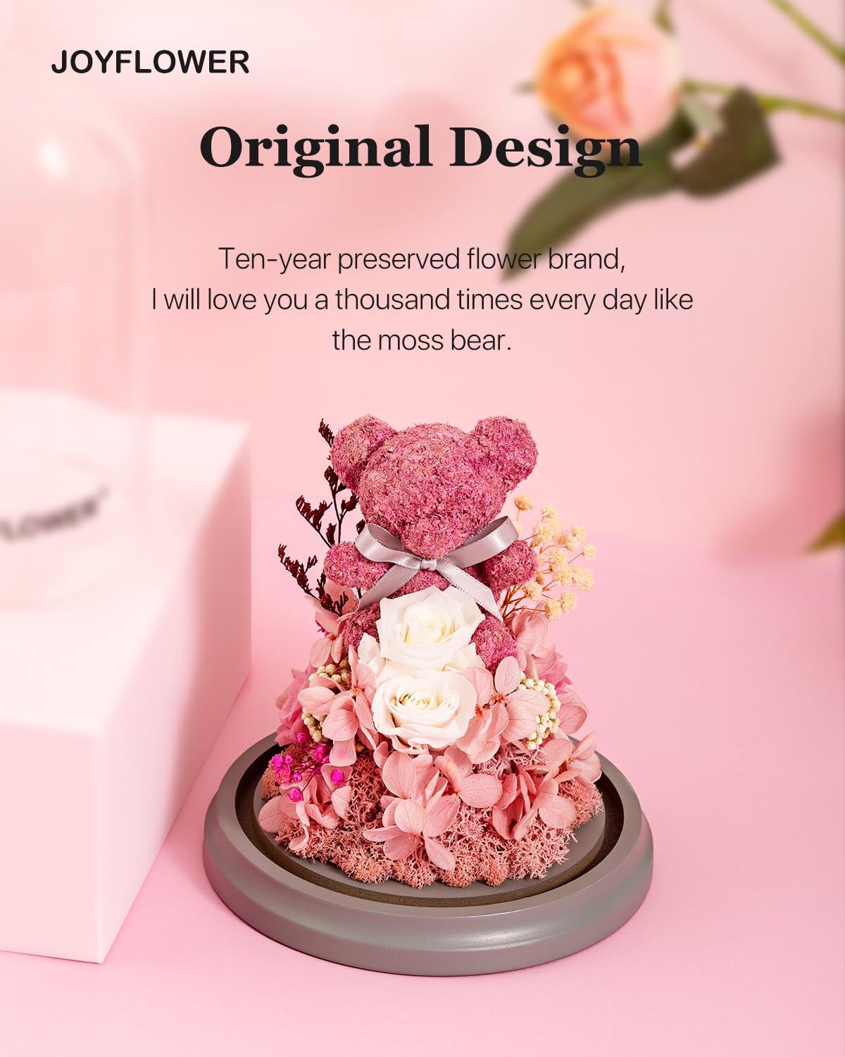 JoyFlower Preserved Flowers in Glass Gifts for Women, Pink Eternal Rose Bear Gift, Preserved Rose Forever Flowers in Glass Dome for Mom Wife Girlfriend on Birthday Anniversary Mother's Valentine's Day