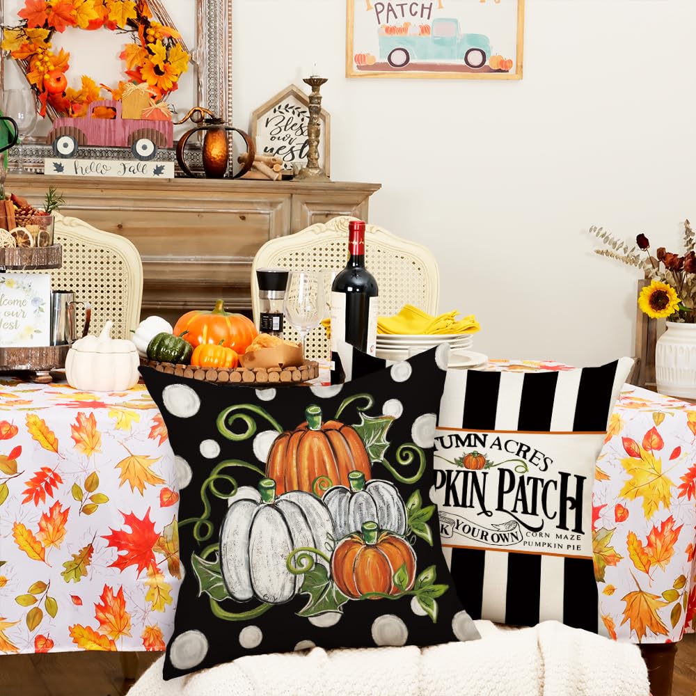 GEEORY Fall Happy Harvest Pumpkin Patch Throw Pillow Covers 18x18 Inch Set of 4, Black Polka Dots Seasonal Autumn Thanksgiving Holiday Decorative Farmhouse Cushion Cases for Home Decoration G664-18